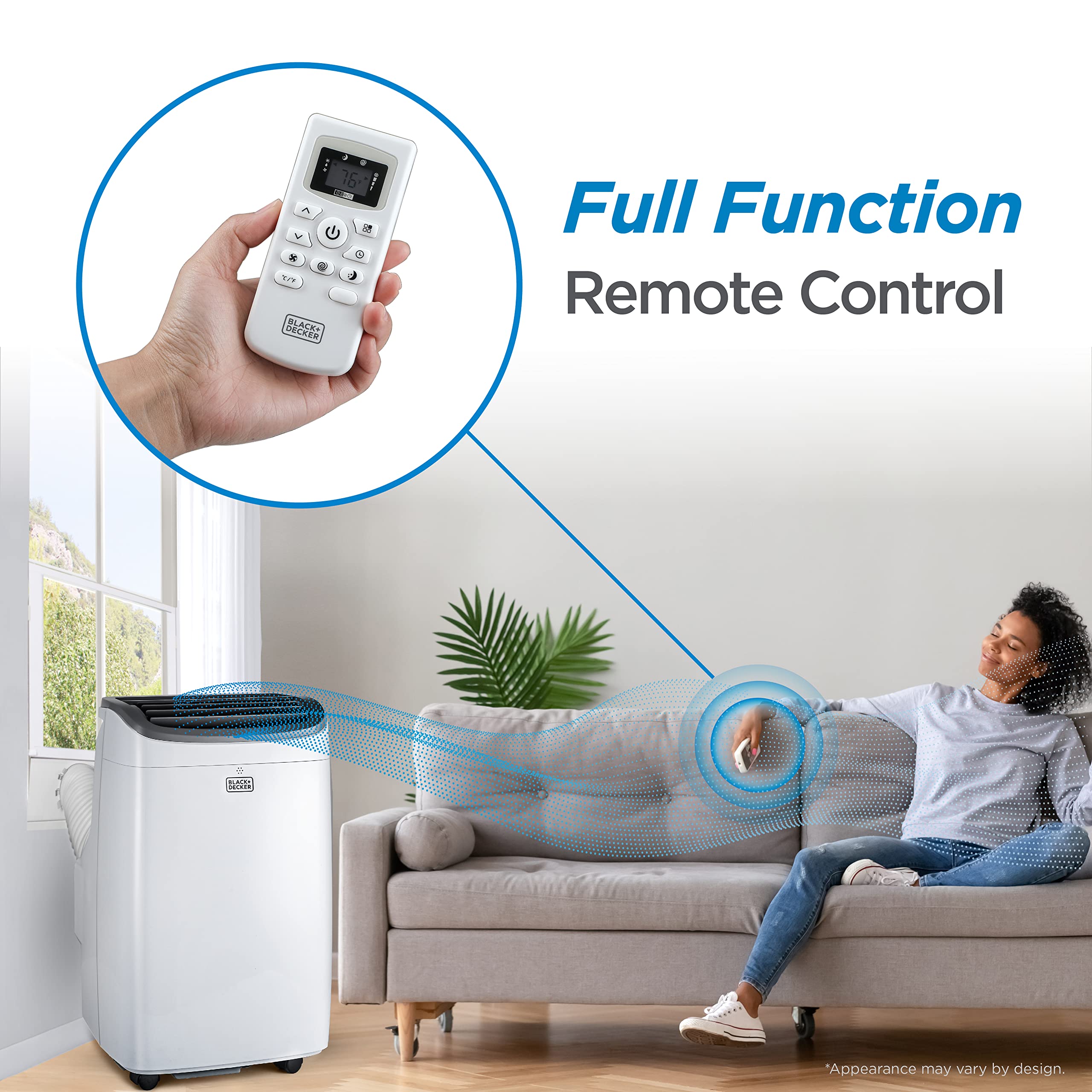 Black+Decker Portable Air Conditioner, 9,000 Btu Ashrae 128 (5,300 Btu Doe) For Rooms Up To 400 Sq. Ft., Portable Ac With Follow Me Remote Control And Window Kit, Bpact08Wt, White