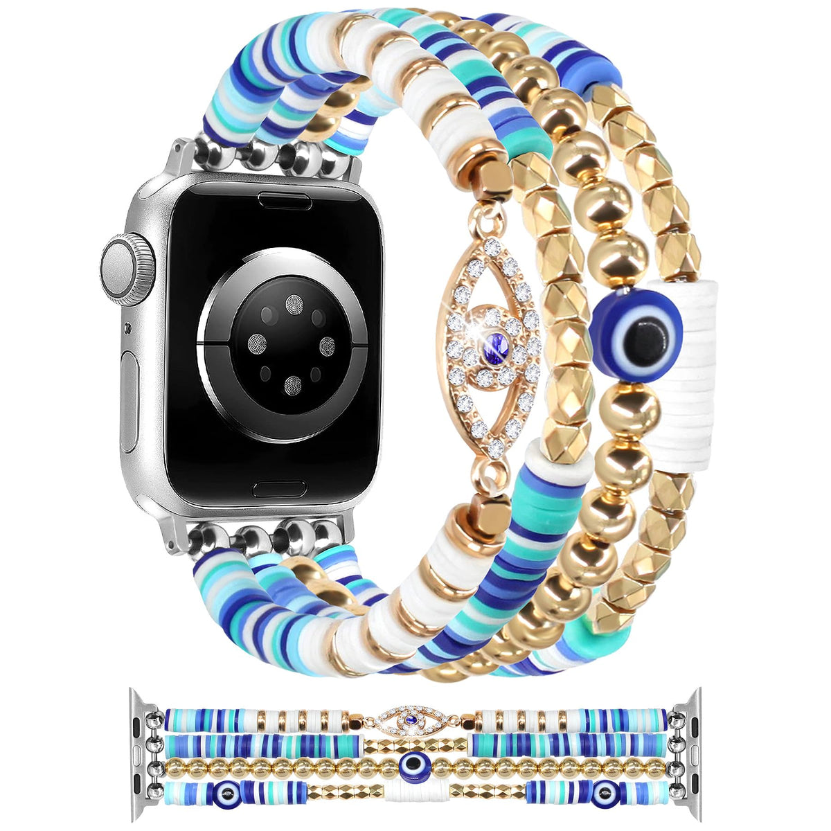Jr.Dm Beaded Bracelet Compatible With Apple Watch 42Mm 44Mm 45Mm 46Mm For Women, Stretchy Gillter Evil Eyes Jewelry Handmade Wat