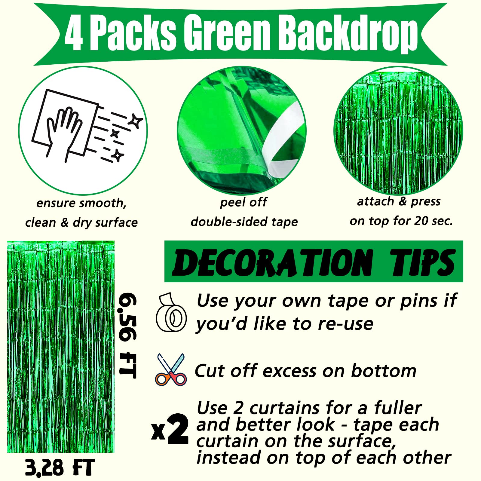 4 Pack Green Fringe Curtain Backdrop, 3.2Ft X 6.6Ft Metallic Tinsel Foil Fringe Streamers Background For Photo Booth Birthday We