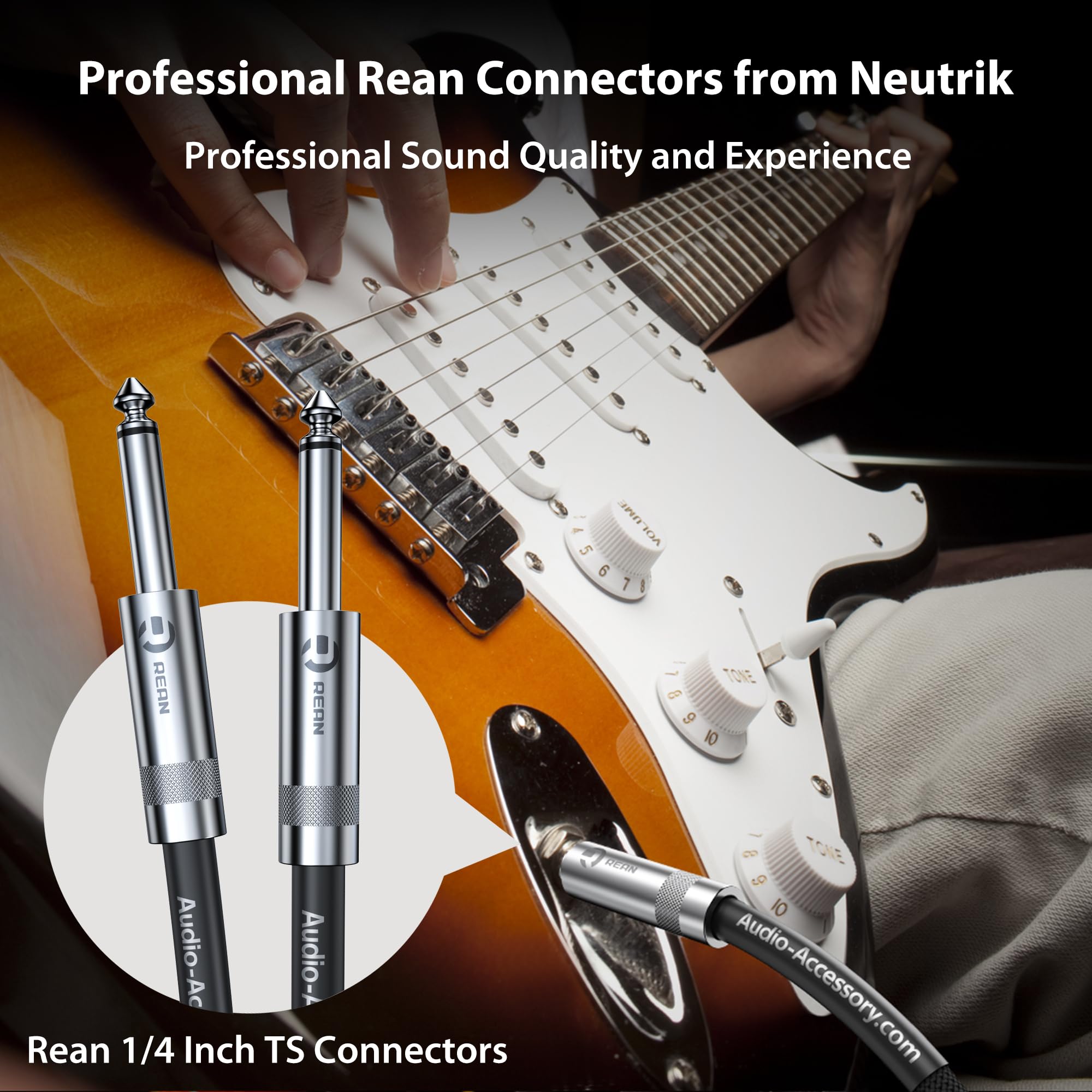Guitar Cable 6.6Ft 2 Pack, Professional Rean Connectors From Neutrik, Kevlar Reinforced Nylon Braided Instrument Cable, 1/4 Inch