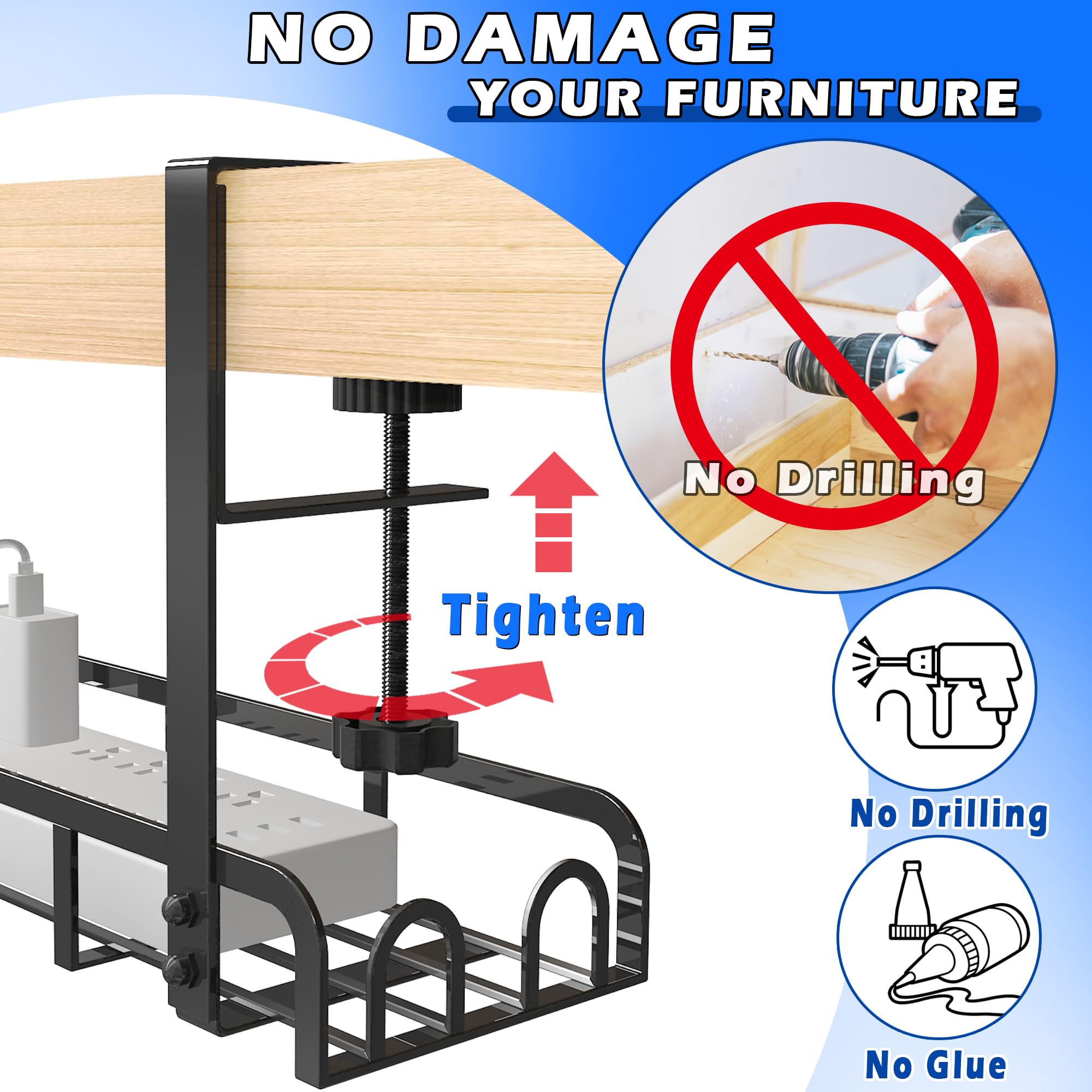 Sleclean Under Desk Cable Management Tray, Upgraded Long Arm Clamp, 16.6''X4.7'' No Drill Steel Desk Cable Organizers, Cable Tra