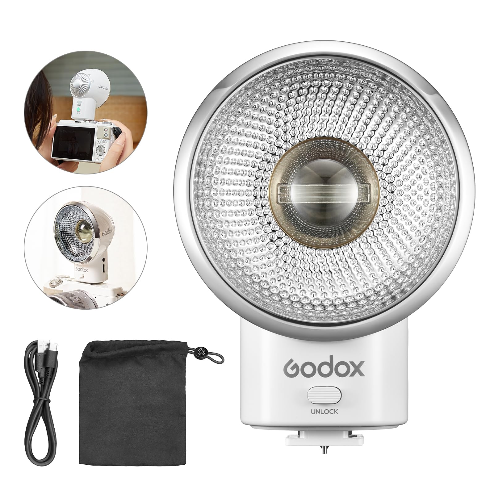 Godox Lux Elf Retro Camera Flash, Built-in Battery GN6 with 5 Levels Flash Power, 6200K300K with S1/S2 Optical Control, On Camer