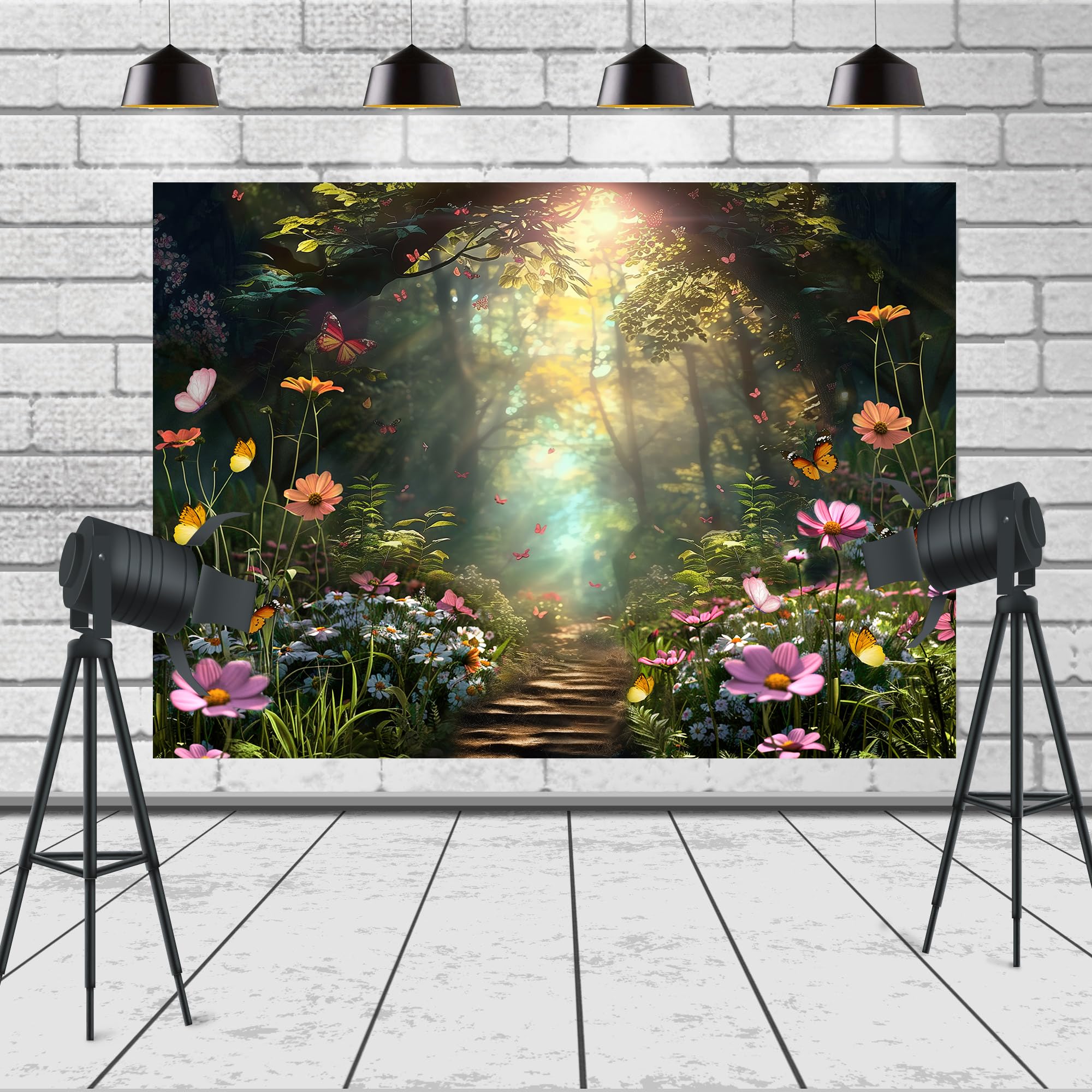 Ufeela Enchanted Fairy Garden Backdrop Woodland Wonderland Spring Daisy Flower Green Butterfly 7Wx5H Feet Fabric Polyester Birth