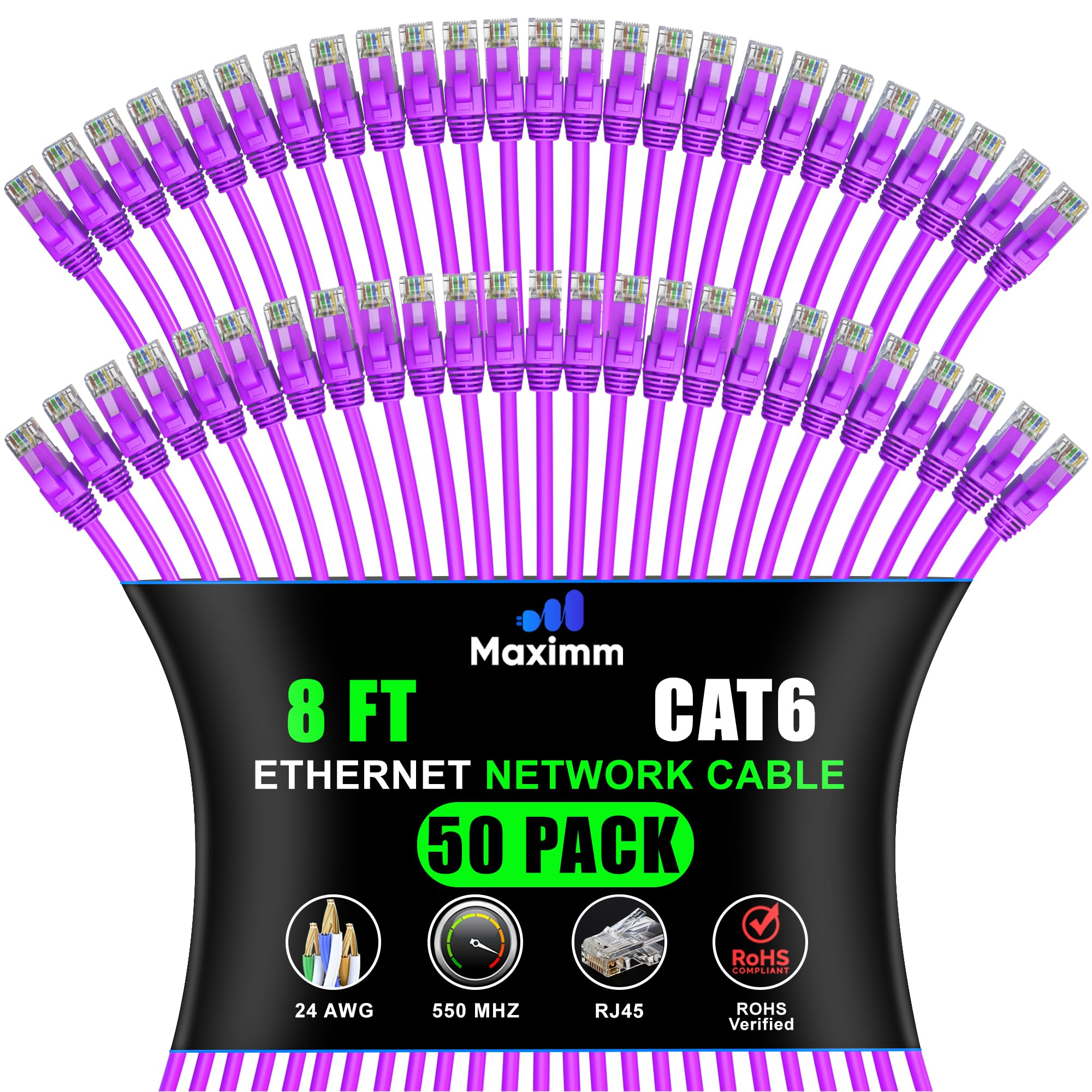Maximm Cat 6 Ethernet Cable 8 Ft (50-Pack) - High-Speed LAN, Internet, Patch, and Network Cord - UTP, 10Gbps, 550MHz - Purple