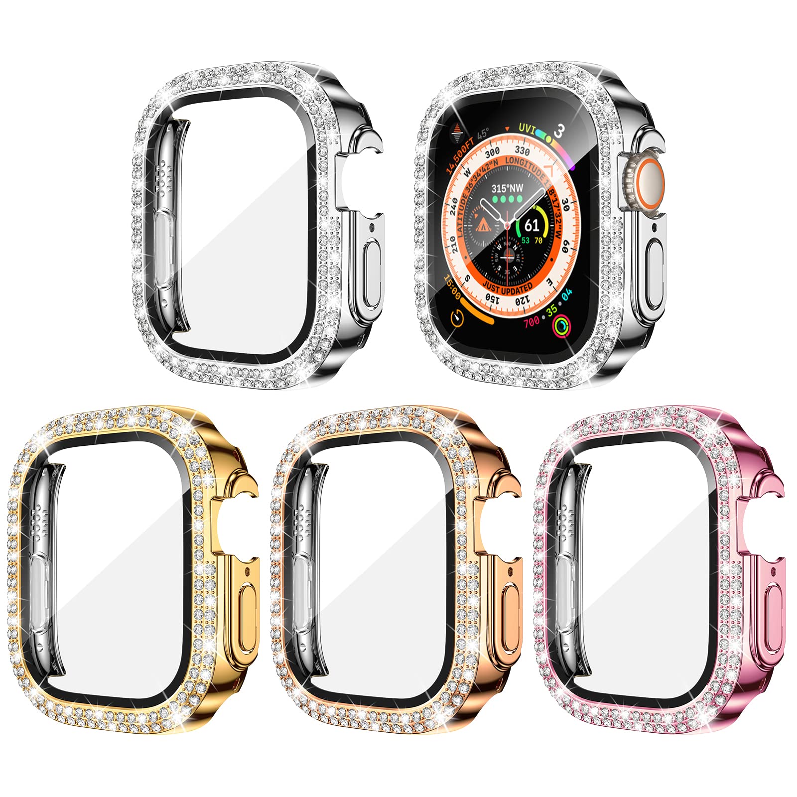 Goton 4 Pack Bling Screen Protector For Apple Watch Ultra Ultra2 2024 49Mm Case, Women Glitter Diamond Rhinestone Bumper Cover F