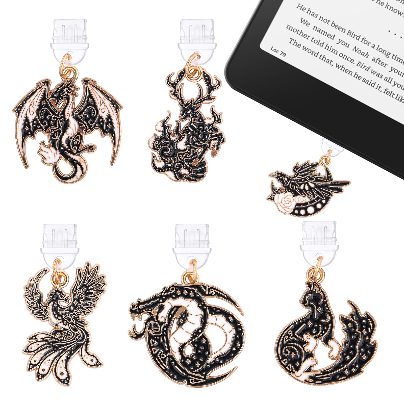 Dust Plug Charms for Kindle - 6 Pack Fantasy Mystical Phoenix Dragon Charging Port Cover, Pendants for Phone Type C/USB C, Gifts