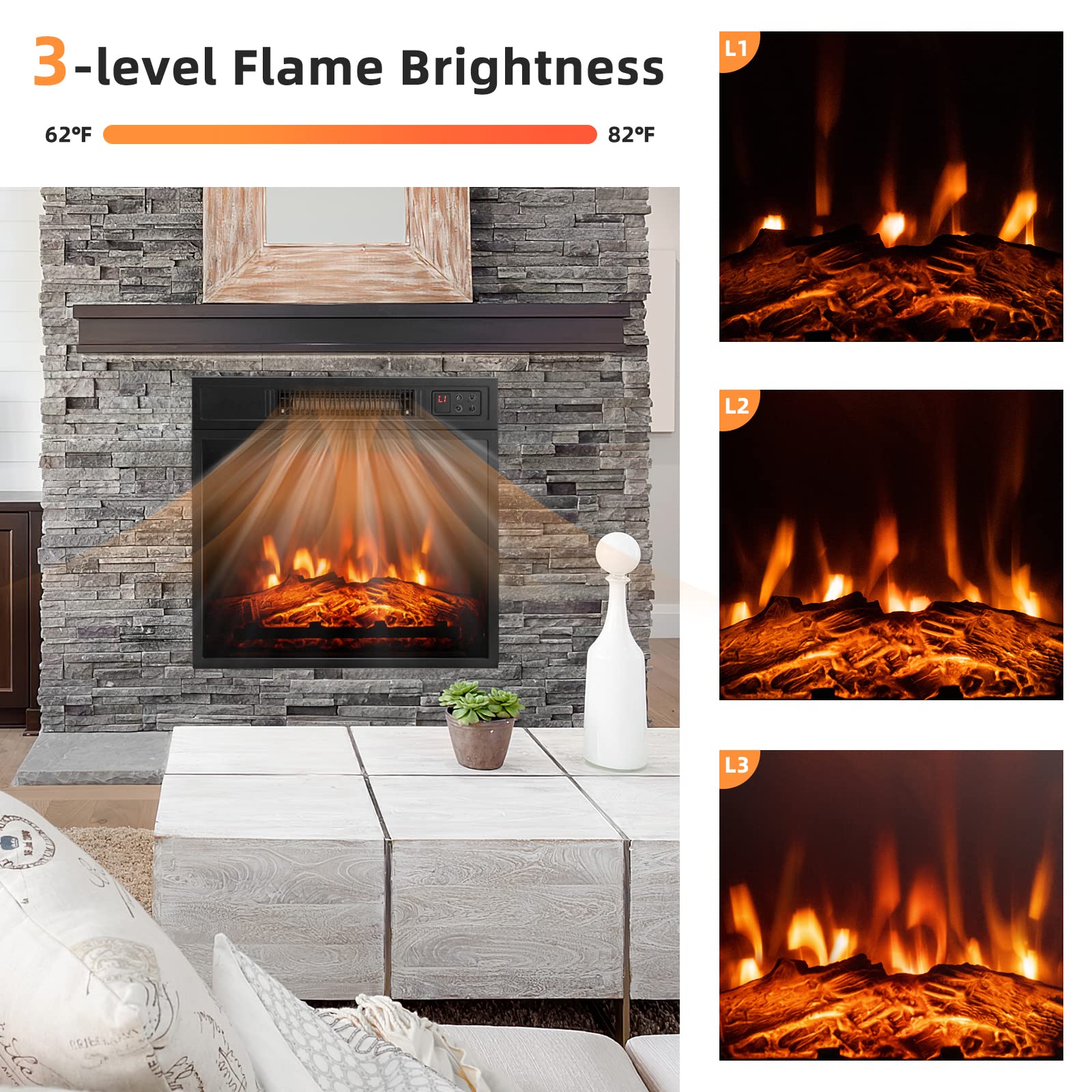 Tangkula 18 Inches Electric Fireplace Insert, Recessed 1400 W Electric Fireplace W/Adjustable Flame & Heat, Built In Timer & The