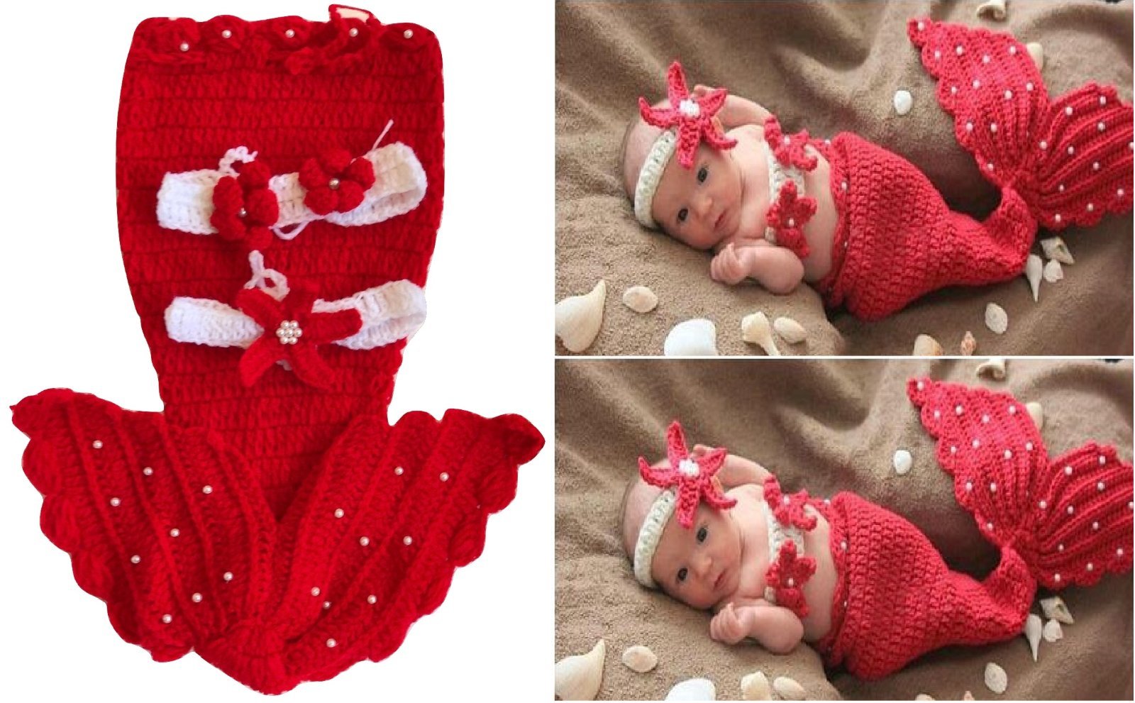 Newborn Baby Girl/Boy Crochet Knit Costume Photography Prop Hats Outfits (Red Mermaid)