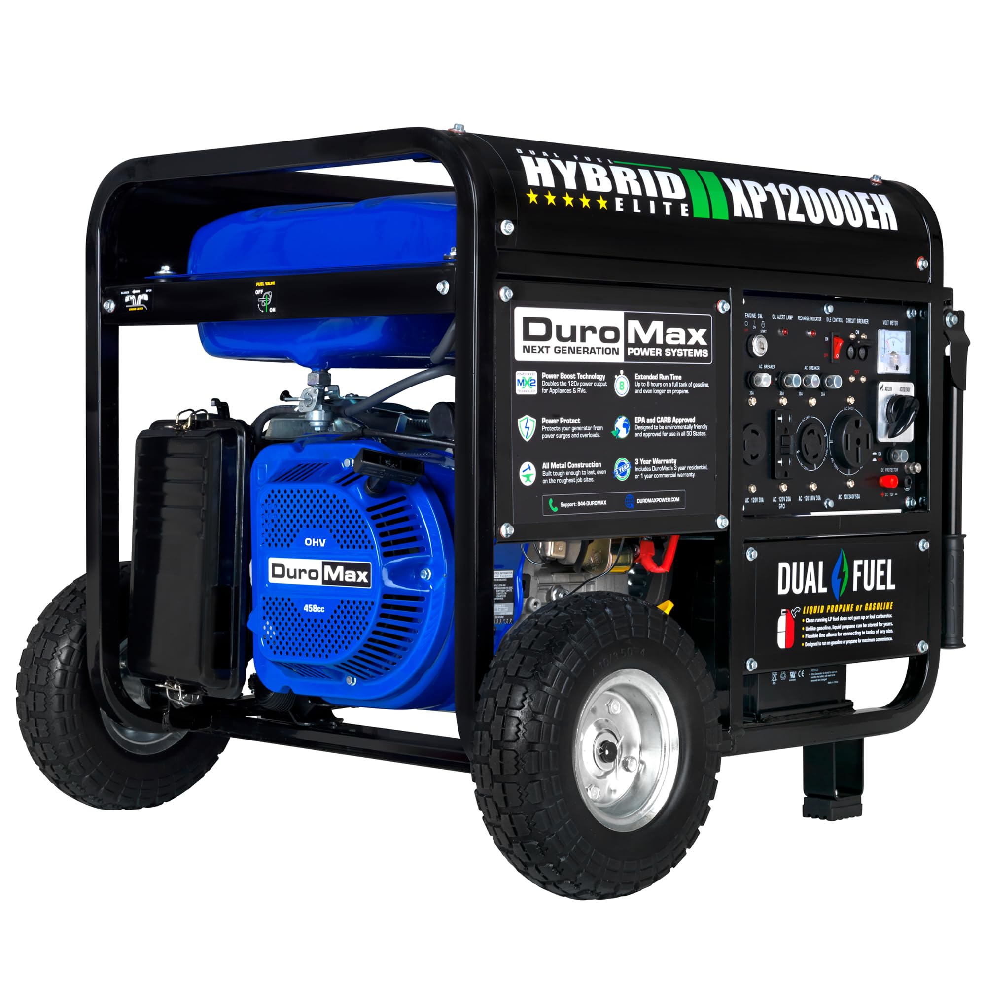 DuroMax XP12000EH Generator-12000 Watt Gas or Propane Powered Home Back Up & RV Ready, 50 State Approved Dual Fuel Electric Star