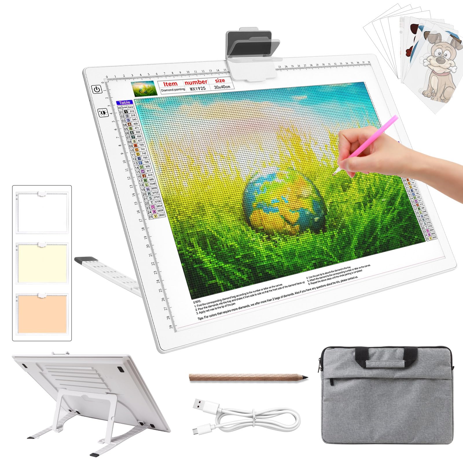 A3 Light Pad for Diamond Painting - Rechargeable Tracing Light Box with Carry Bag, 3 Colours Stepless Dimmable 6 Levels Brightne