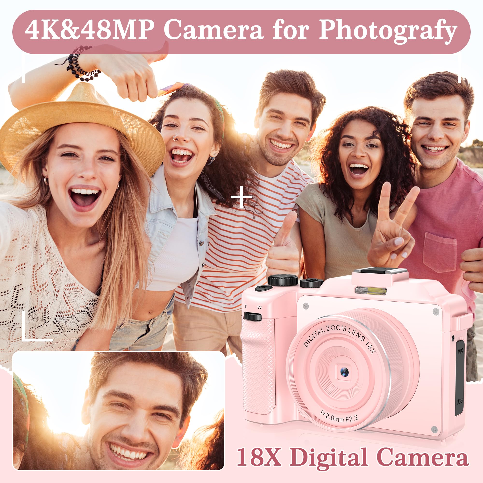 4K Digital Cameras For Photography,48Mp Wifi Vlogging Camera For Youtube,Multi Filters Point And Shoot Camera,18X Zoom,Auto Focu