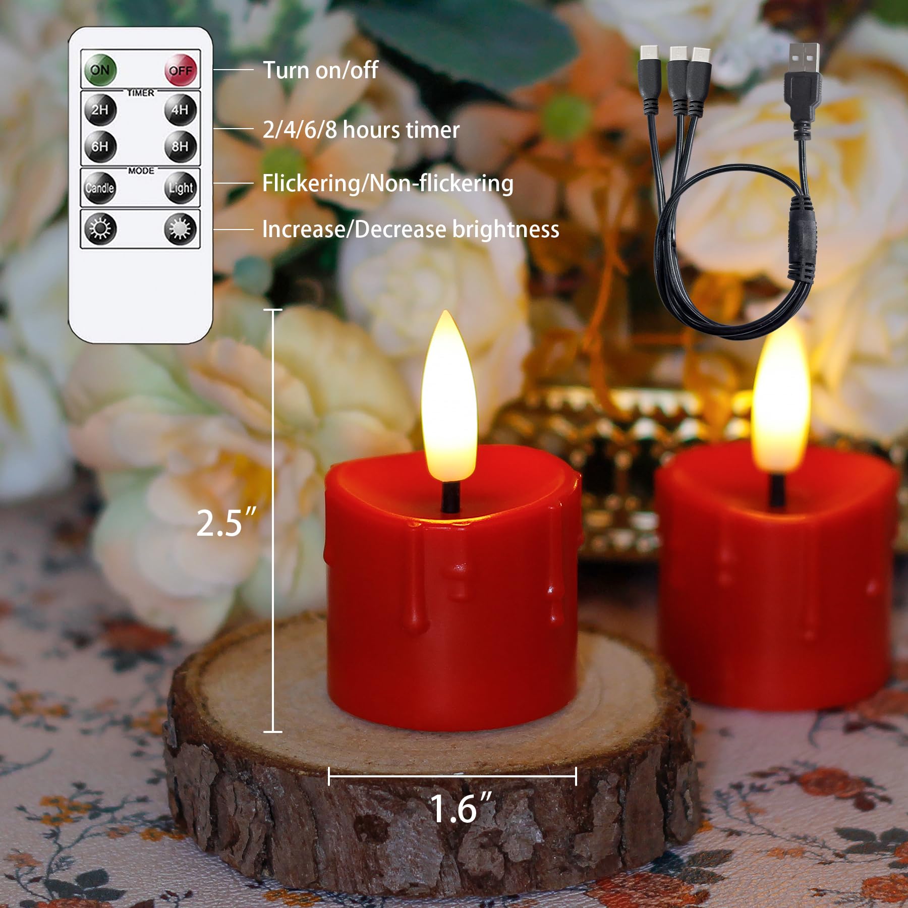 Yeelida Rechargeable Flameless 1.6'' X2.5'' Tea Light Candles With Remote & Type C Charging Cable, Timer Led Flickering Burgundy