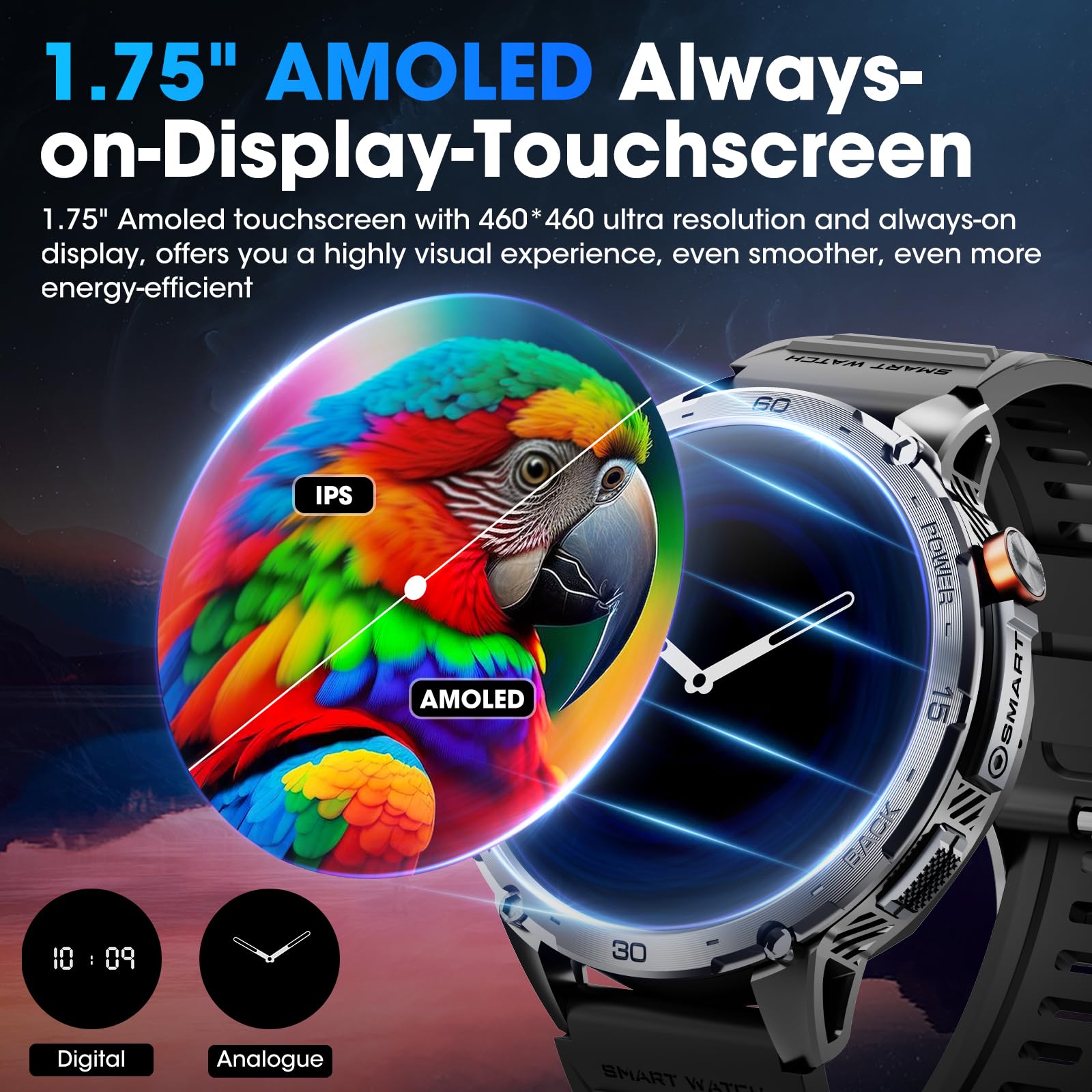 Military Smart Watch For Men 1.75'' Hd Amoled Display 730Mah Battery Smart Watches With Led Flashlight For Android Ios(Bluetooth
