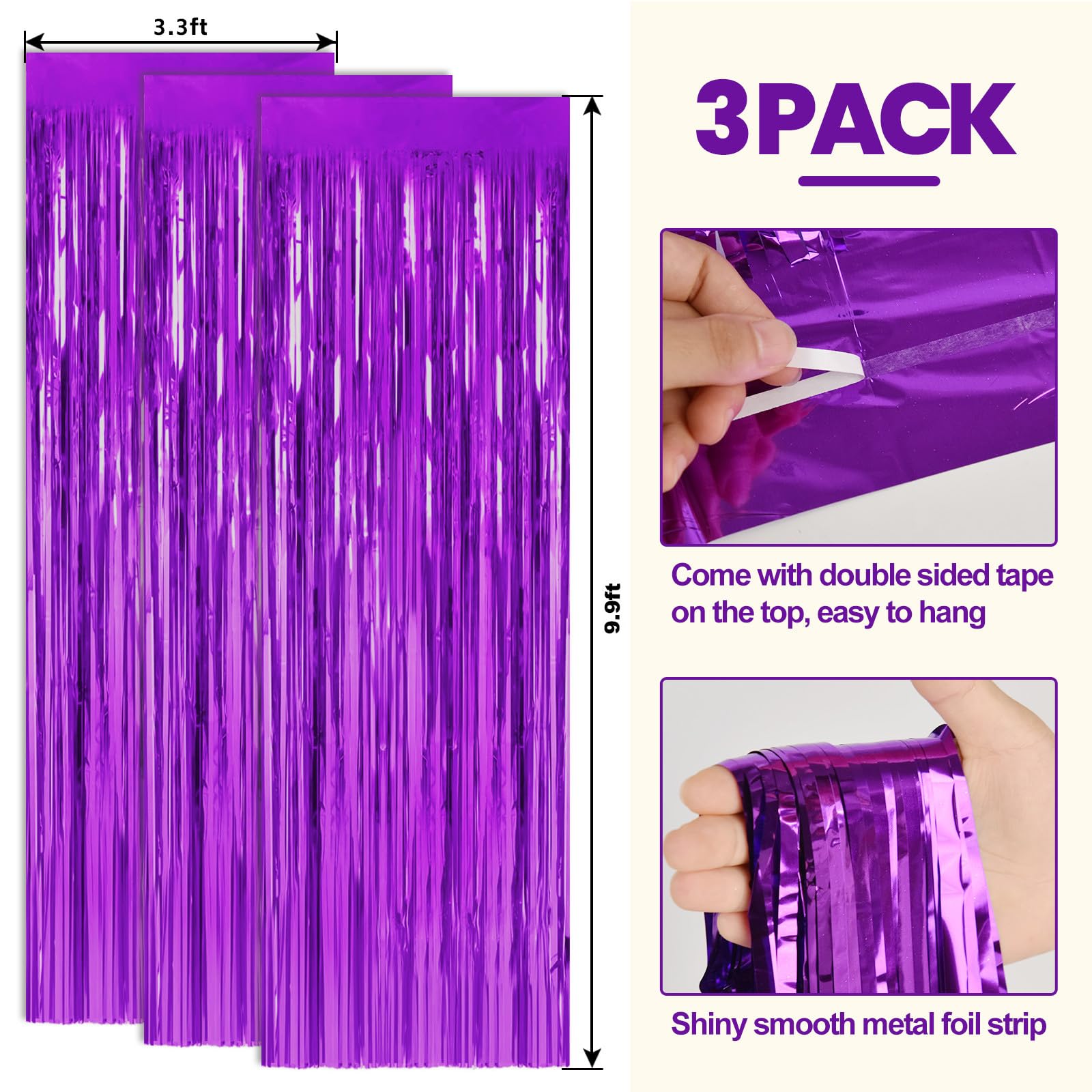 3 Pack 3.3 Ft X 9.9 Ft Purple Tinsel Curtain Party Backdrop Decorations, Metallic Foil Fringe Backdrop Door For Bachelorette Par