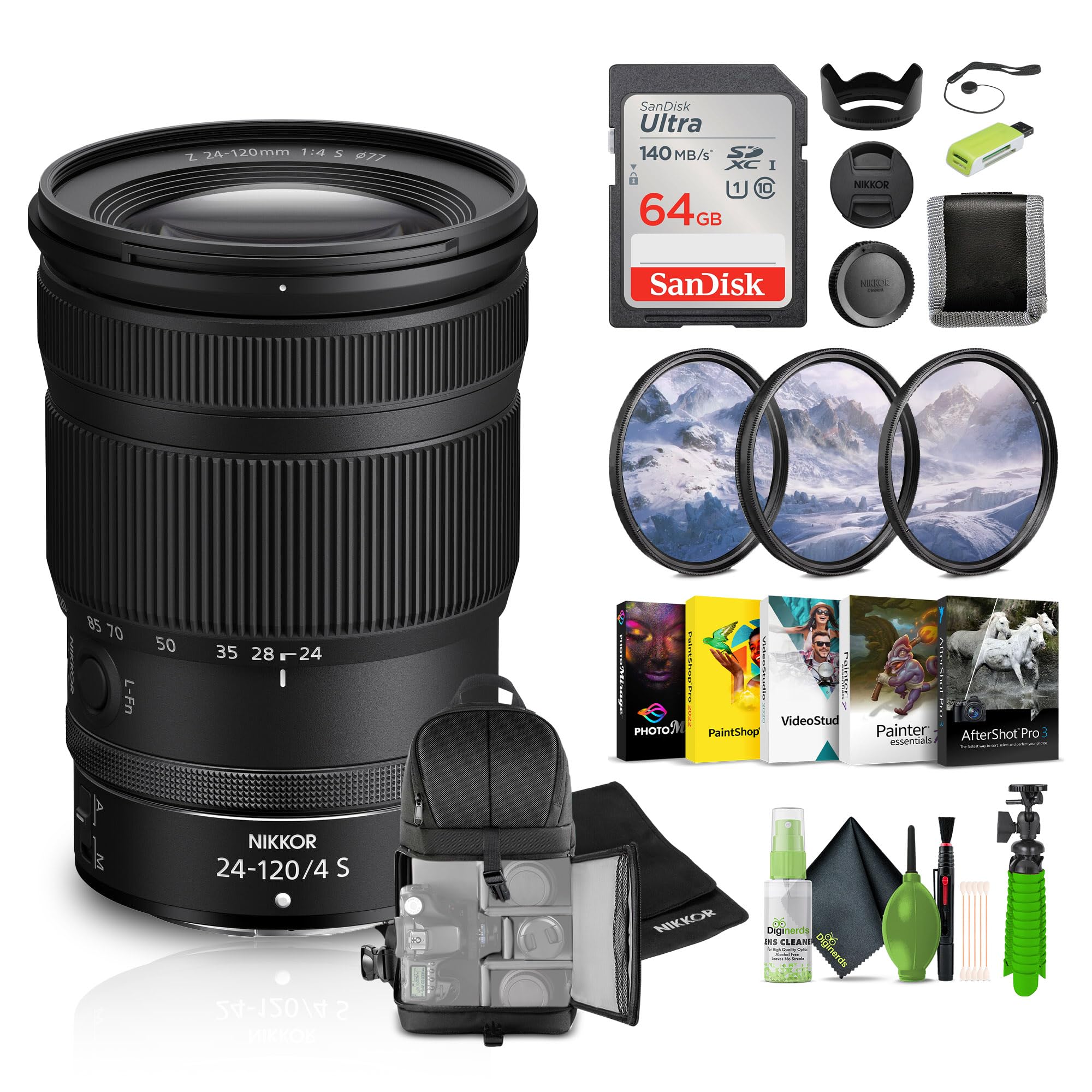 Nikon NIKKOR Z 24-120mm f/4 S All-in-one Zoom Lens Z + Sling Bag + Memory Card Wallet + Ultra 64GB Memory Card + 3 Piece Filter 