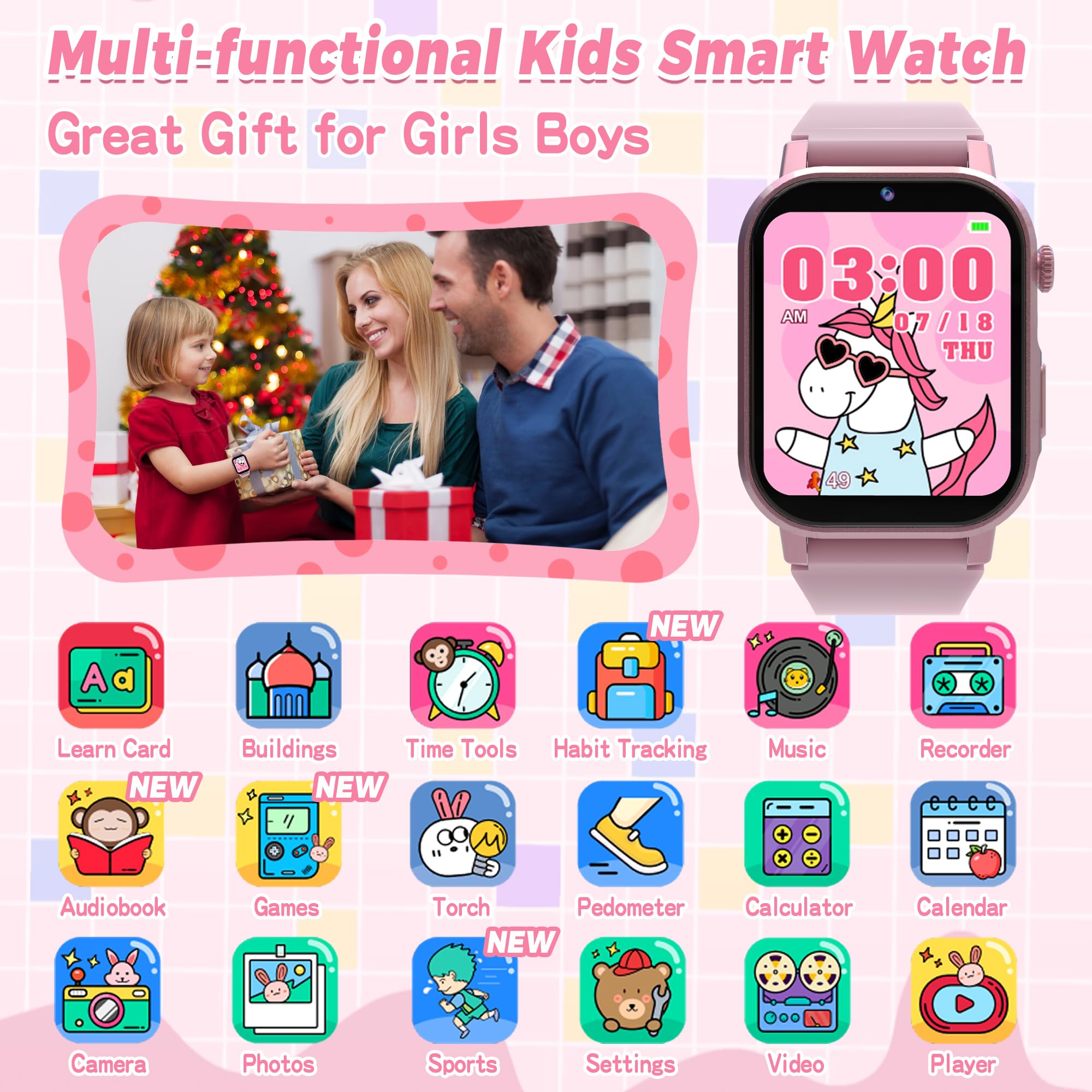Kids Smart Watch Gifts For Girls Age 4-12, 32 Games Hd Touch Screen Kids Watch With Camera Video Music Sports Pedometer Flashlig
