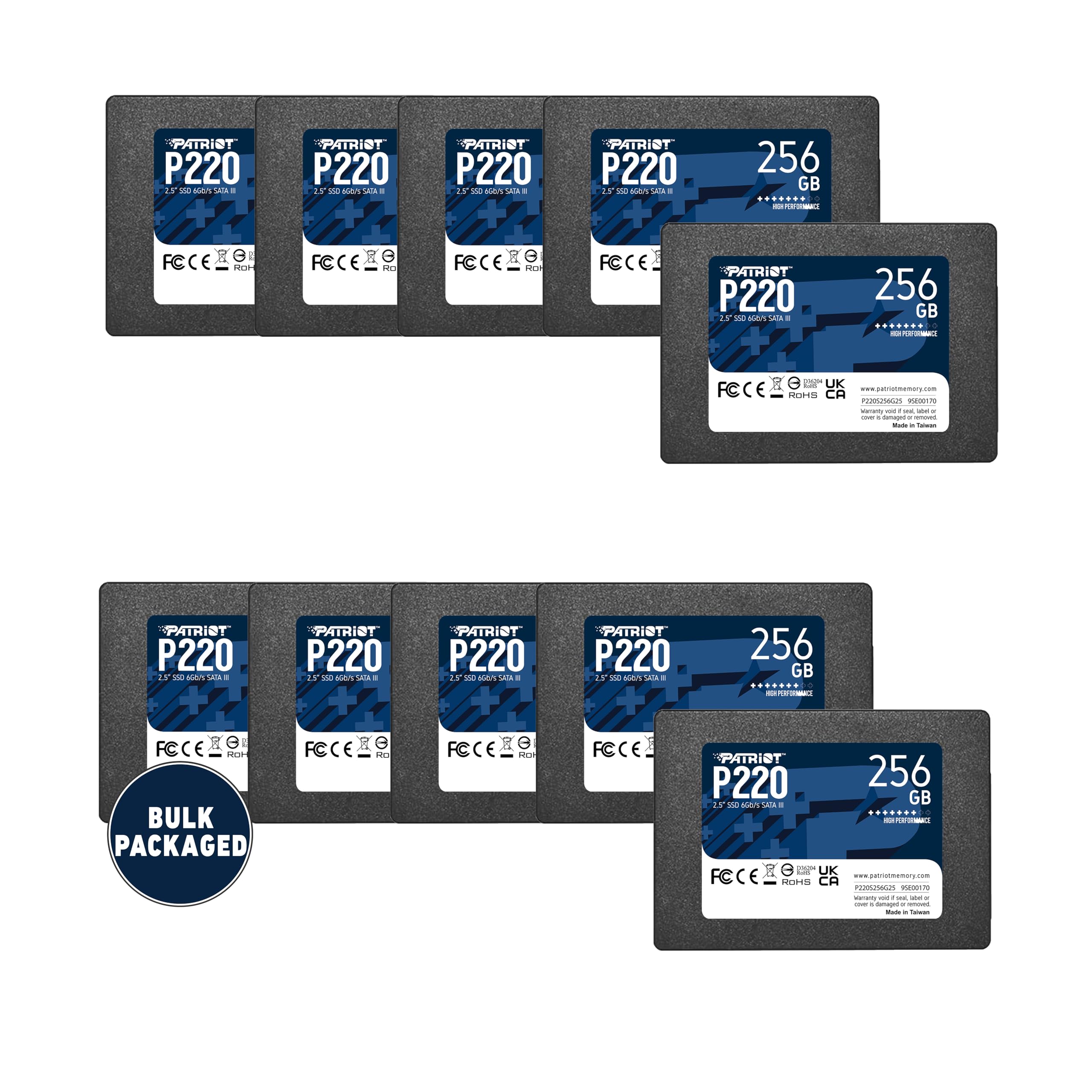Patriot P220 256GB Internal SSD - SATA 3 2.5 - Solid State Drive Bulk 10 Pack - P220S256G2510B