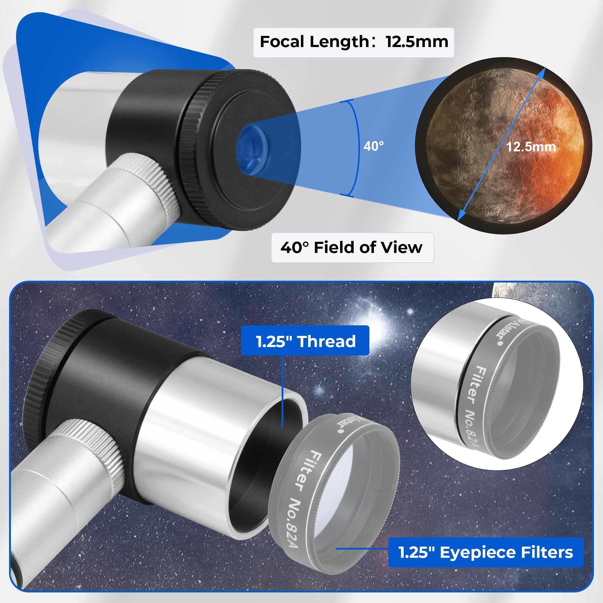 Alstar Illuminated Reticle Plossl Telescope Eyepiece - 12.5Mm Crosshair Eyepiece With Adjustable Led Illumination Reticle Focus