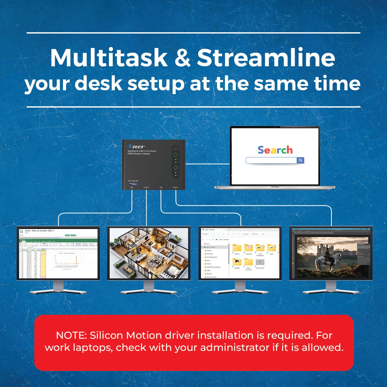 Orei Splitextend Hdmi Splitter Extended Display For Quad Monitor - Multi-Monitor Display 5 Separate Screens - Usb-C Adapter To H