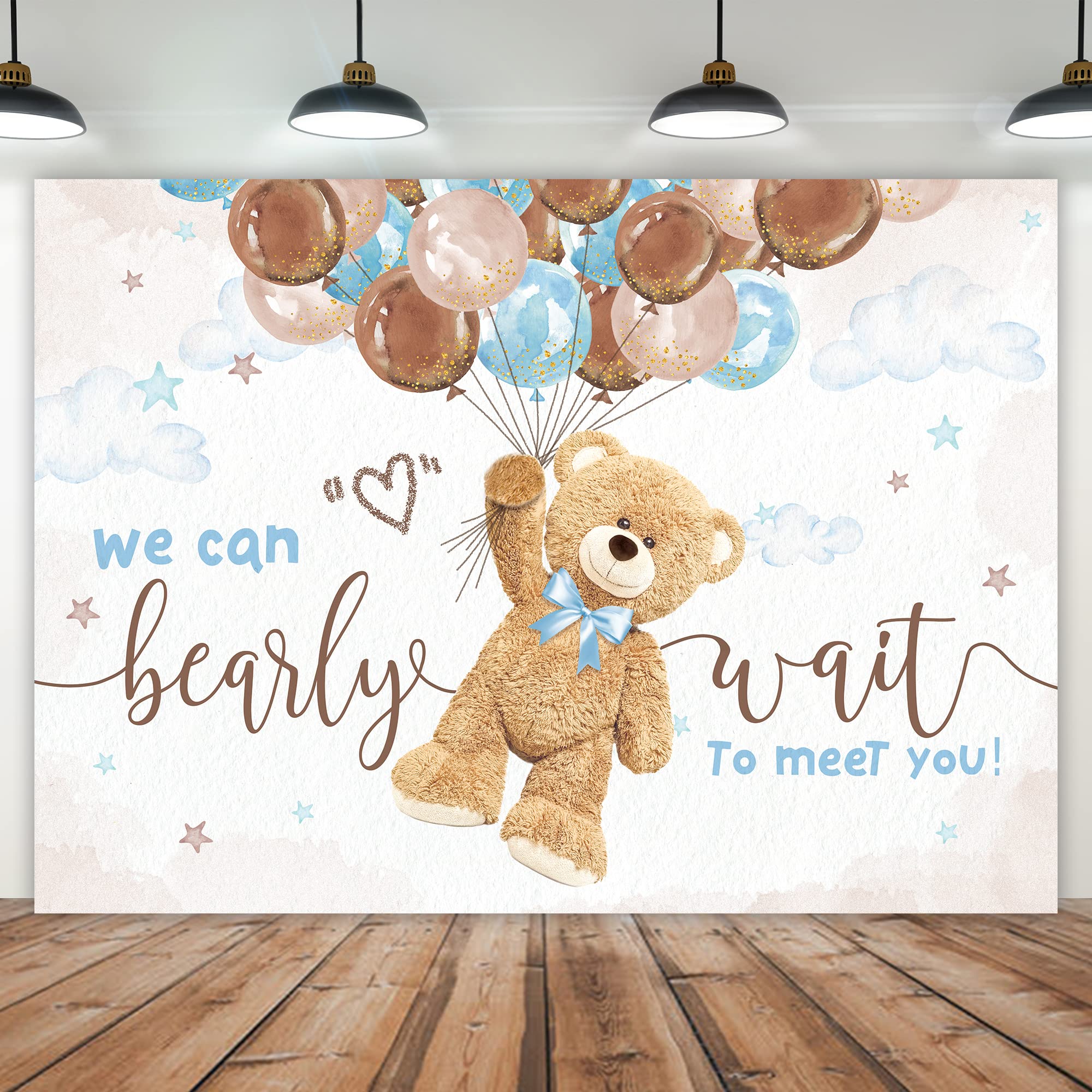 Imirell Bear Baby Shower Backdrop 7Wx5H Feet Boys We Can Bearly Wait to Meet You Cute Cartoon Lovely Balloons Polyester Fabric K