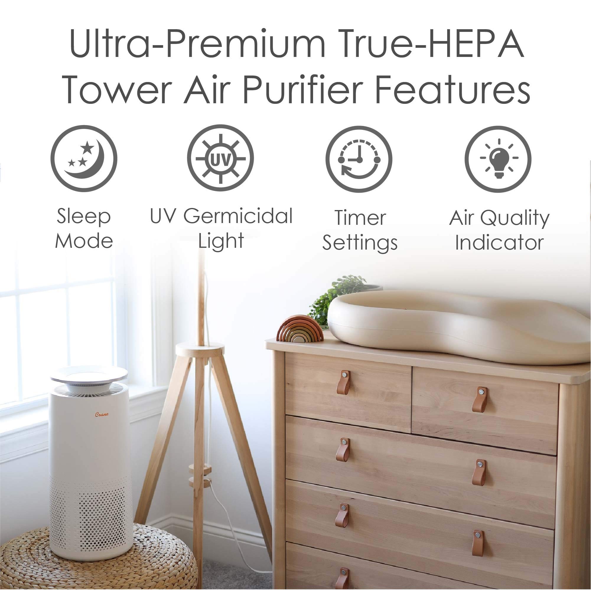 Crane Air Purifier With True Hepa Filter, 500 Sq Feet Coverage, Timer Function, Sleep Mode, Built In Air Quality Monitor, Ee 506