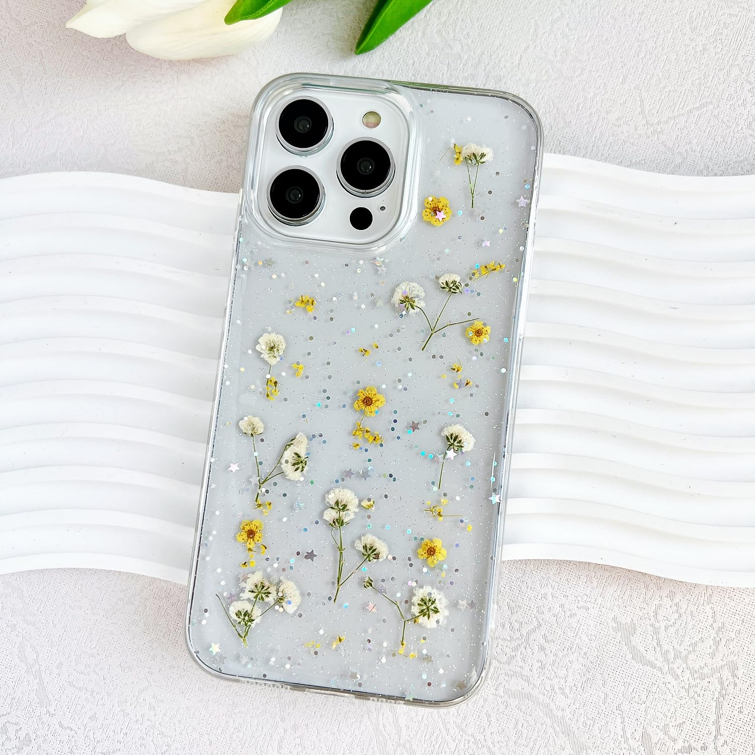 Lseeka For Iphone 14 Pro Max Clear Case With Pressed Real Flowers Design,Glitter Cute Yellow Floral Pattern Slim Soft Tpu Protec