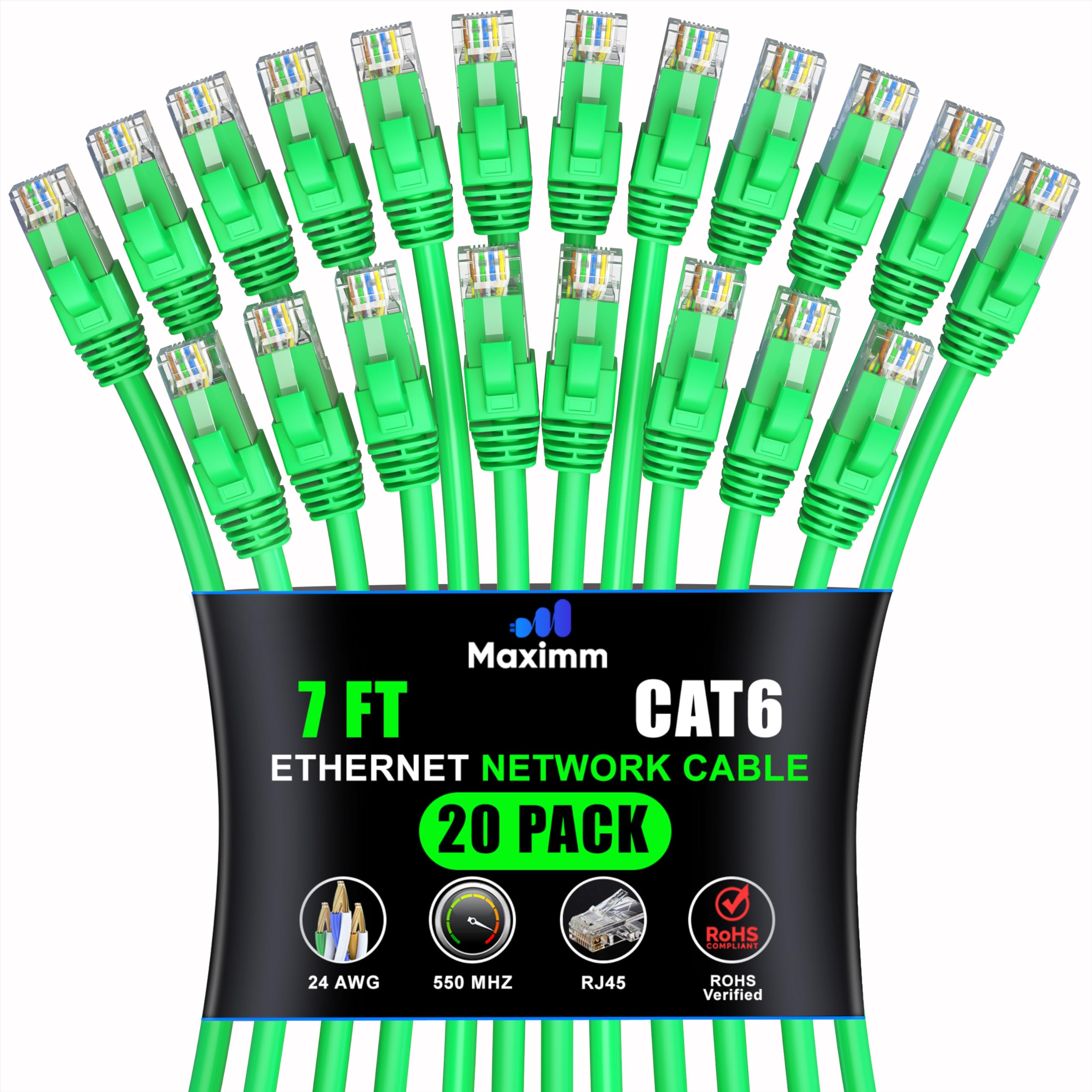 Maximm Cat 6 Ethernet Cable 7 Ft (20 Pack)   High Speed Lan Cable, Internet Cable, Patch Cable, And Network Cable   Utp, 10Gbps, 550Mhz Ethernet Cord   Green