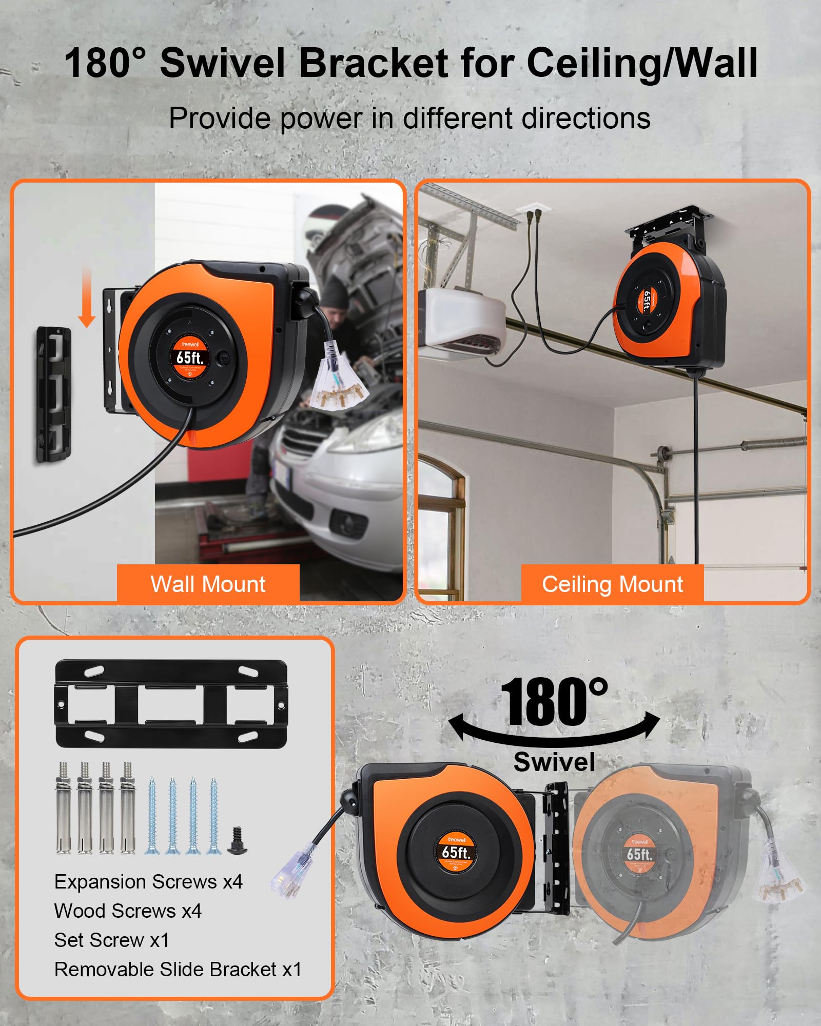Treewell 65Ft Retractable Extension Cord Reel, 12Awg/3C Sjtow Heavy Duty Power Cord With Lighted Triple Tap Outlet, 15A Circuit