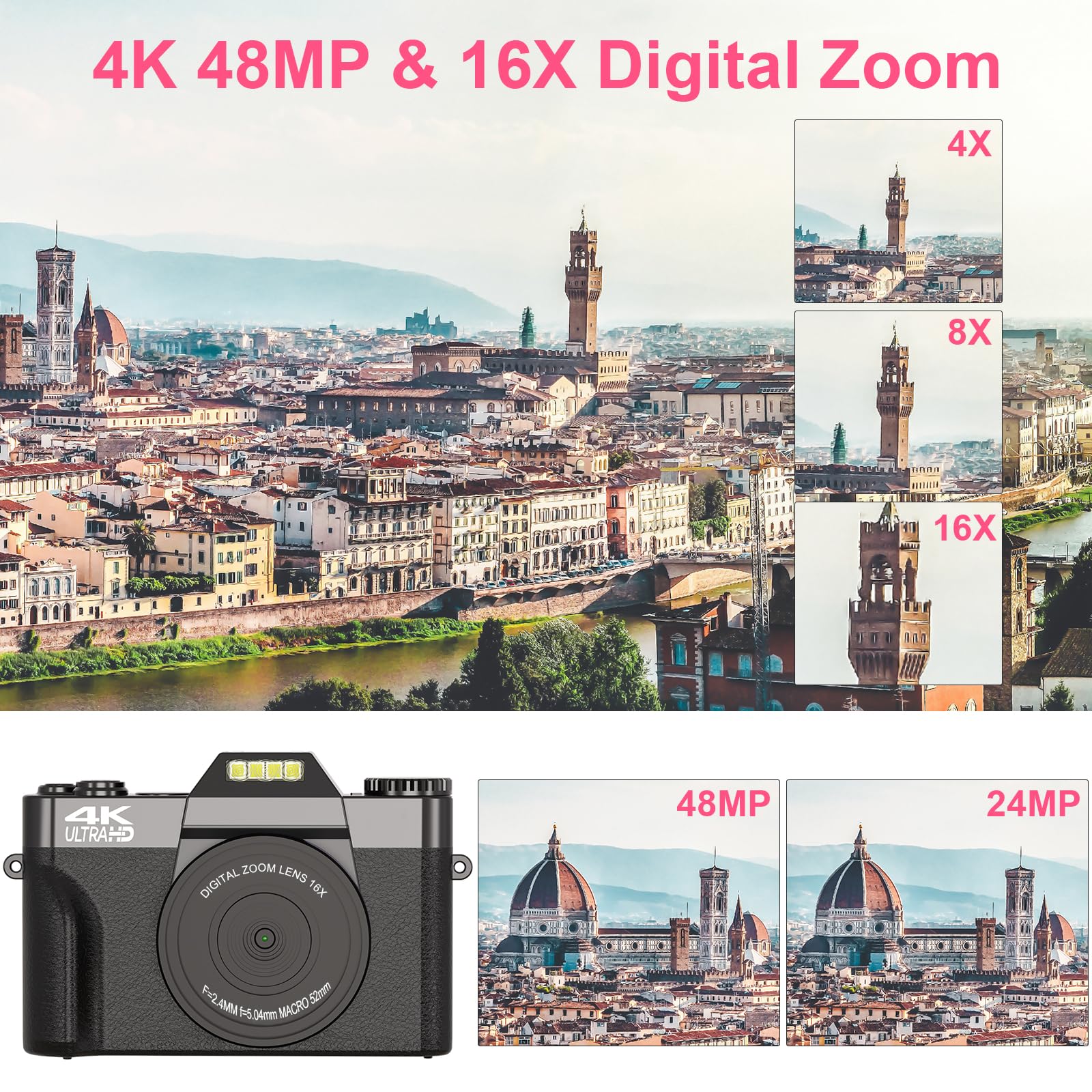 Digital Camera, 4K Vlogging Camera For Youtube 56Mp 16X Digital Zoom Manual Focus Students Compact Photography Camera With 52Mm Wide Angle & Macro Lens, 32G Tf Card And 2 Batteries(Black)