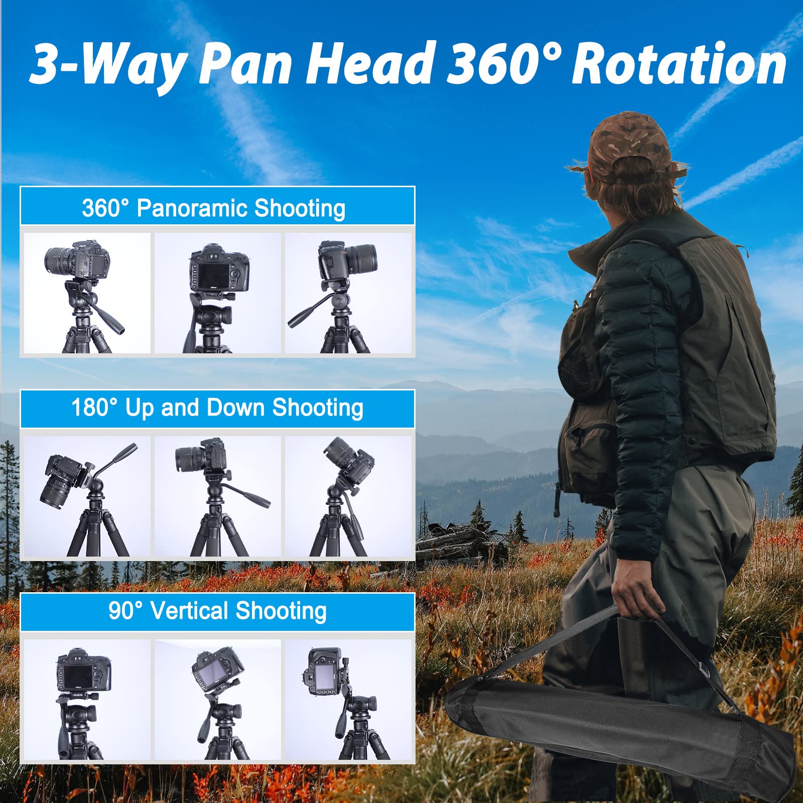 Celticbird 64.5 Inch Travel Portable Tripod  Compatible With Slr Cameras, Cell Phones, Binoculars, Spotting Scopes, Monoculars