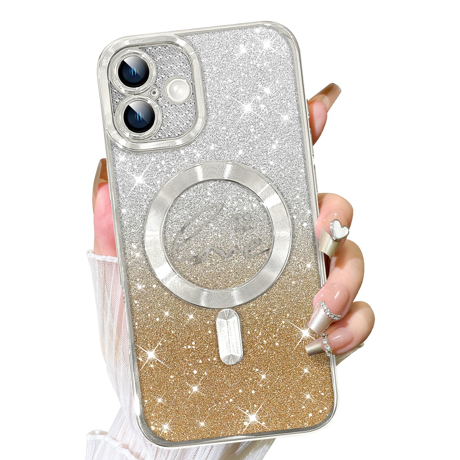 Fiyart Designed For Iphone 16 Case,Compatible With Magsafe Plating Camera Protection Love Hearts Phone Clear Case, Magnetic Glit