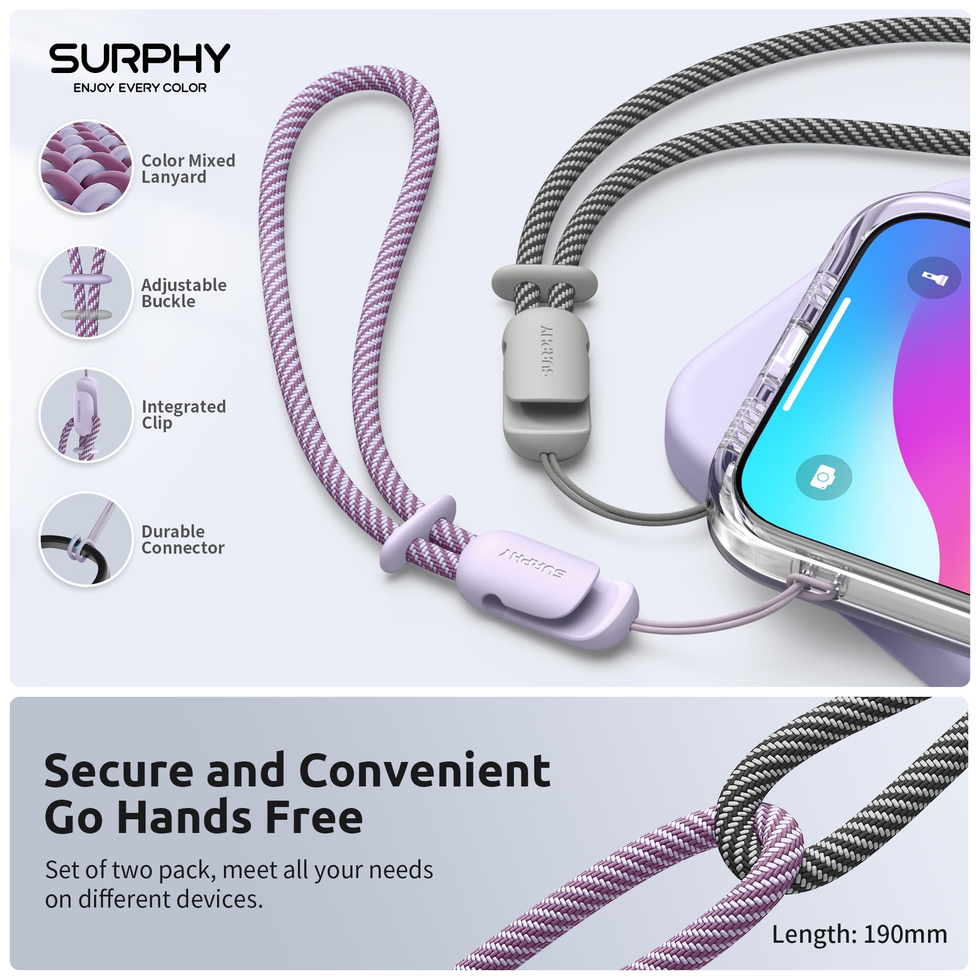 Surphy 2 Pack Lanyard, Phone Strap, Adjustable Phone Lanyard With Two Color Braided, Wrist Strap For Airpods, Camera (Lilac & Gr