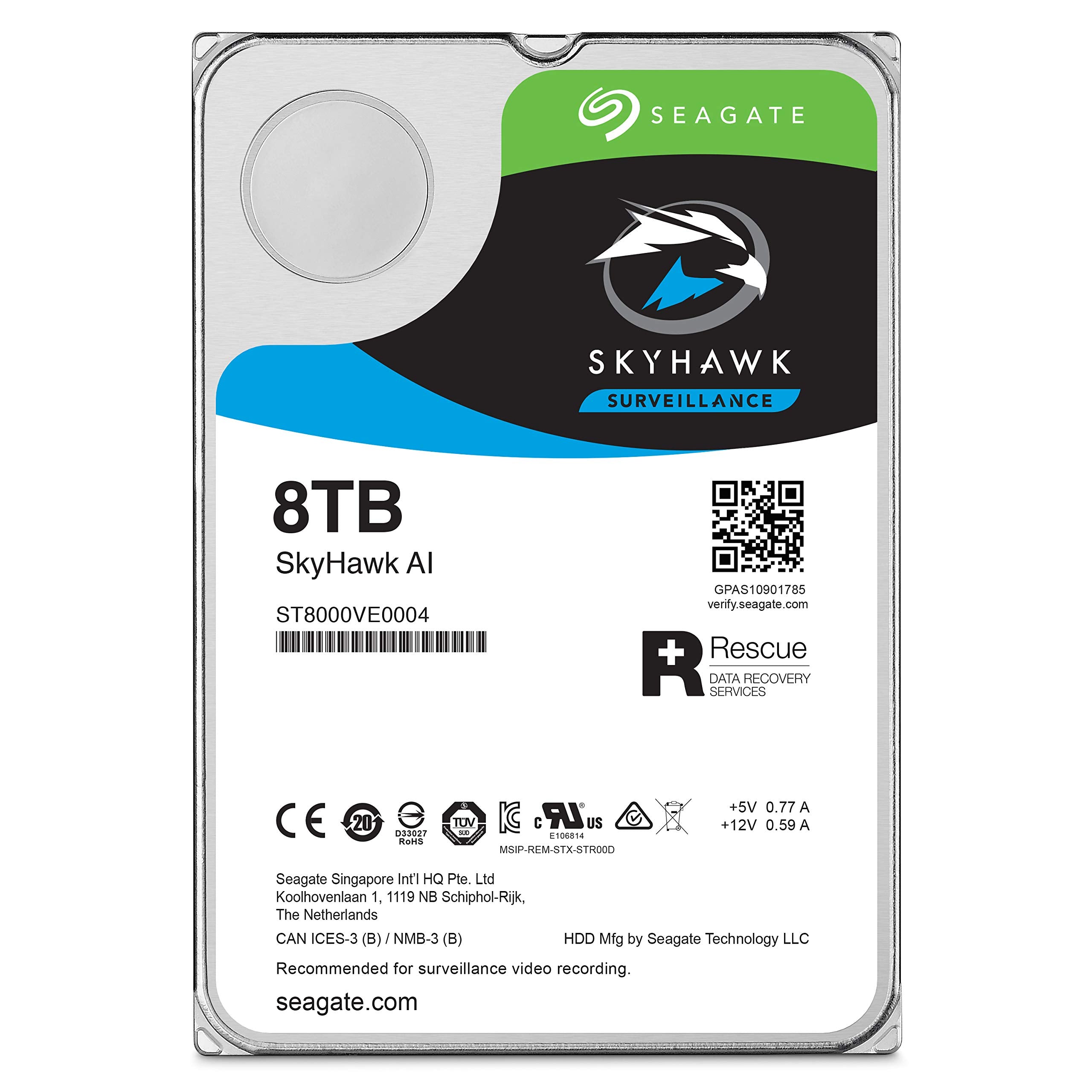 Seagate Skyhawk AI 8TB Surveillance Internal Hard Drive HDD�3.5 Inch SATA 6Gb/s 256MB Cache + Drive Health Management & 3 Year Recovery Service   (ST8000VEZ00)