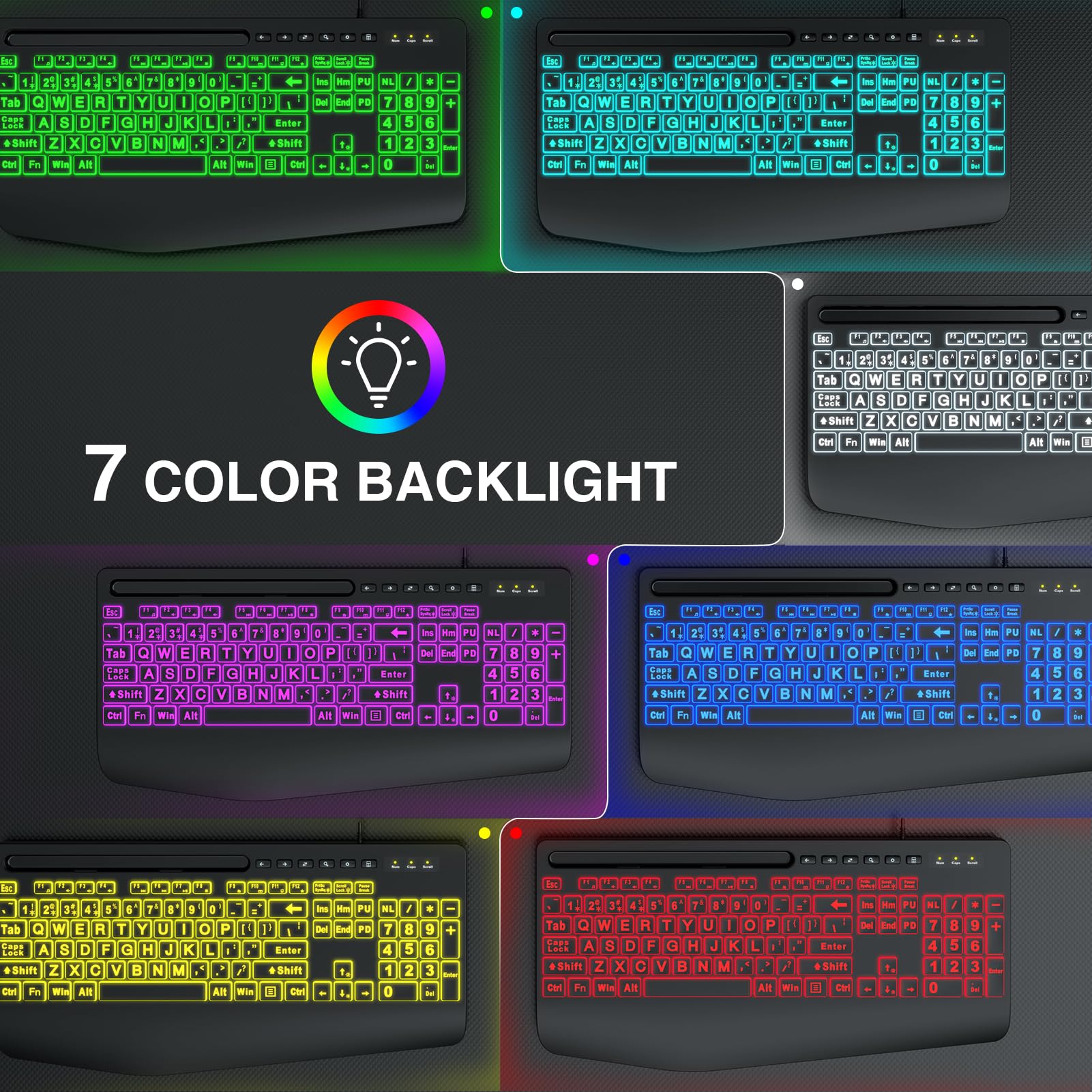 Wired Keyboard And Mouse, Large Print Backlit Keyboard With Wrist Rest And 7 Color Backlit, Lighted Computer Keyboards Easy To S