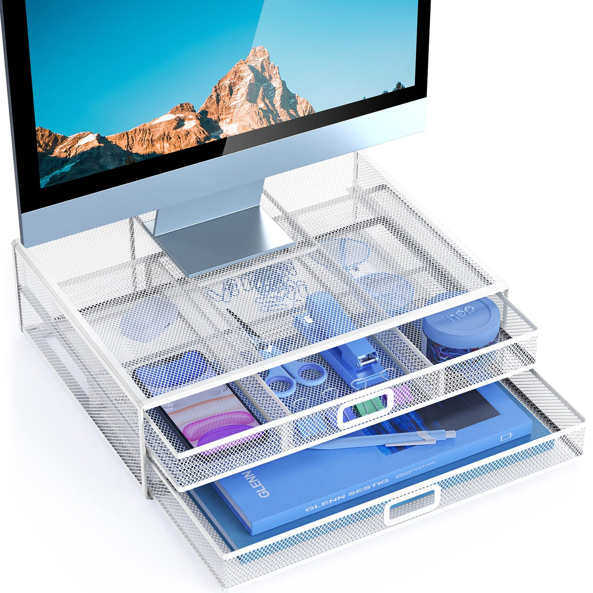 Huanuo Monitor Stand Riser With Drawer   Mesh Metal Desk Organizer Pc, Laptop, Notebook, Printer Holder With Pull Out Storage Drawer (White)