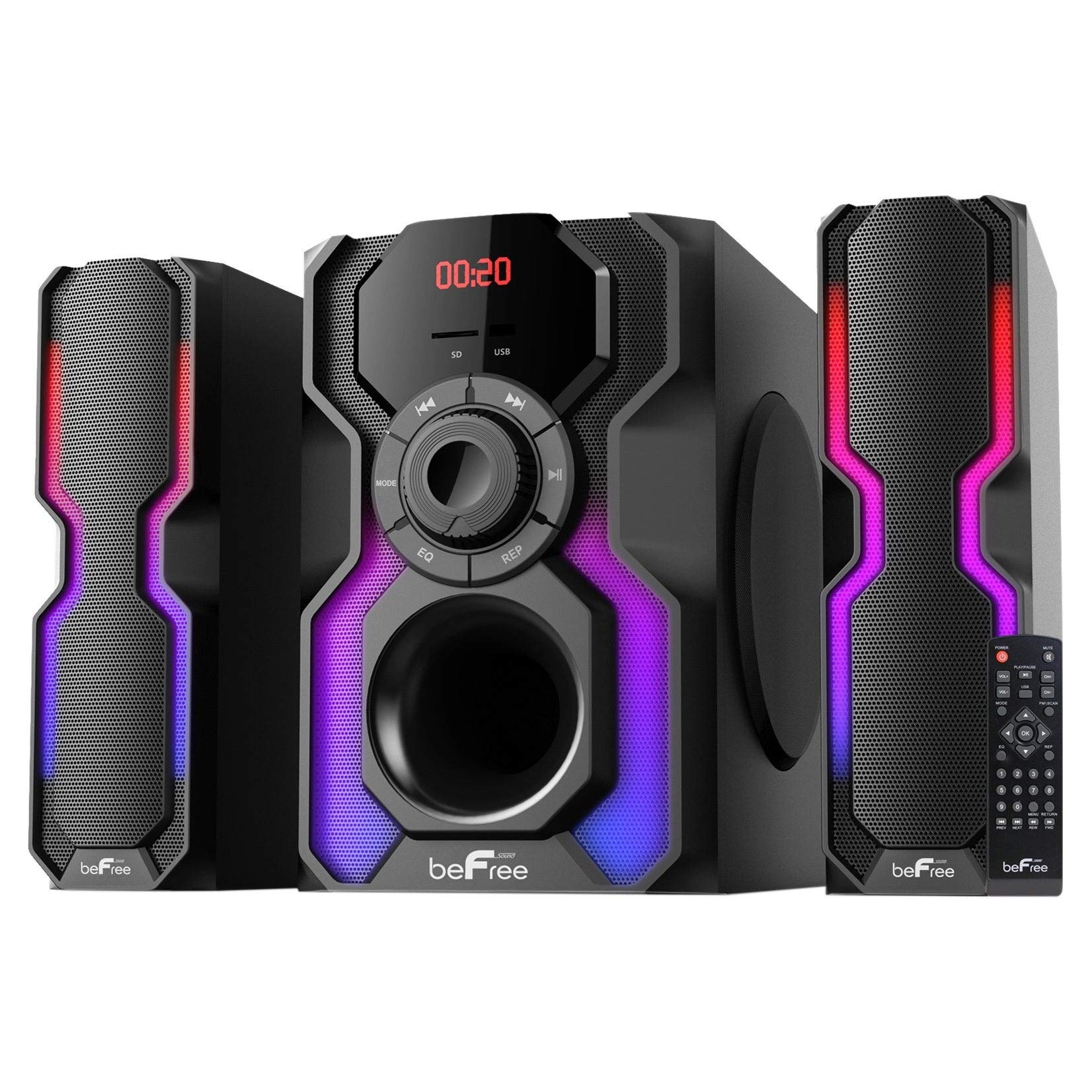 beFree Sound 2.1 Channel Bluetooth Multimedia Wired Speaker Shelf Stereo System with Reactive LED Lights, FM Radio, USB, and SD 