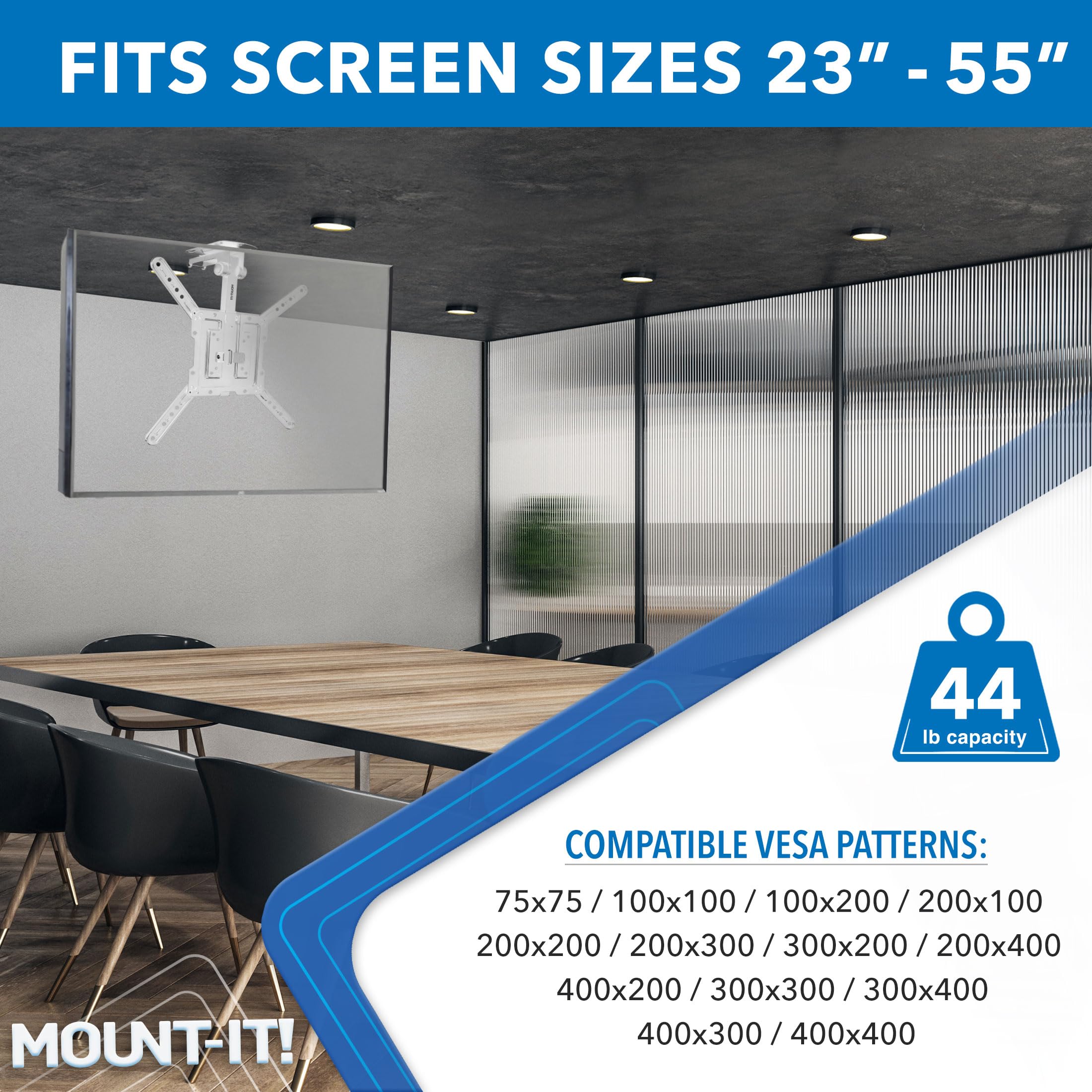Mount It! Flip Down TV Mount | Folding Ceiling TV Mount for 23 to 55 Inch | Heavy Duty Bracket for Roof and Slanted Walls | Universal VESA up to 400x400mm, Height Adjustable 44 Lbs Capacity, White