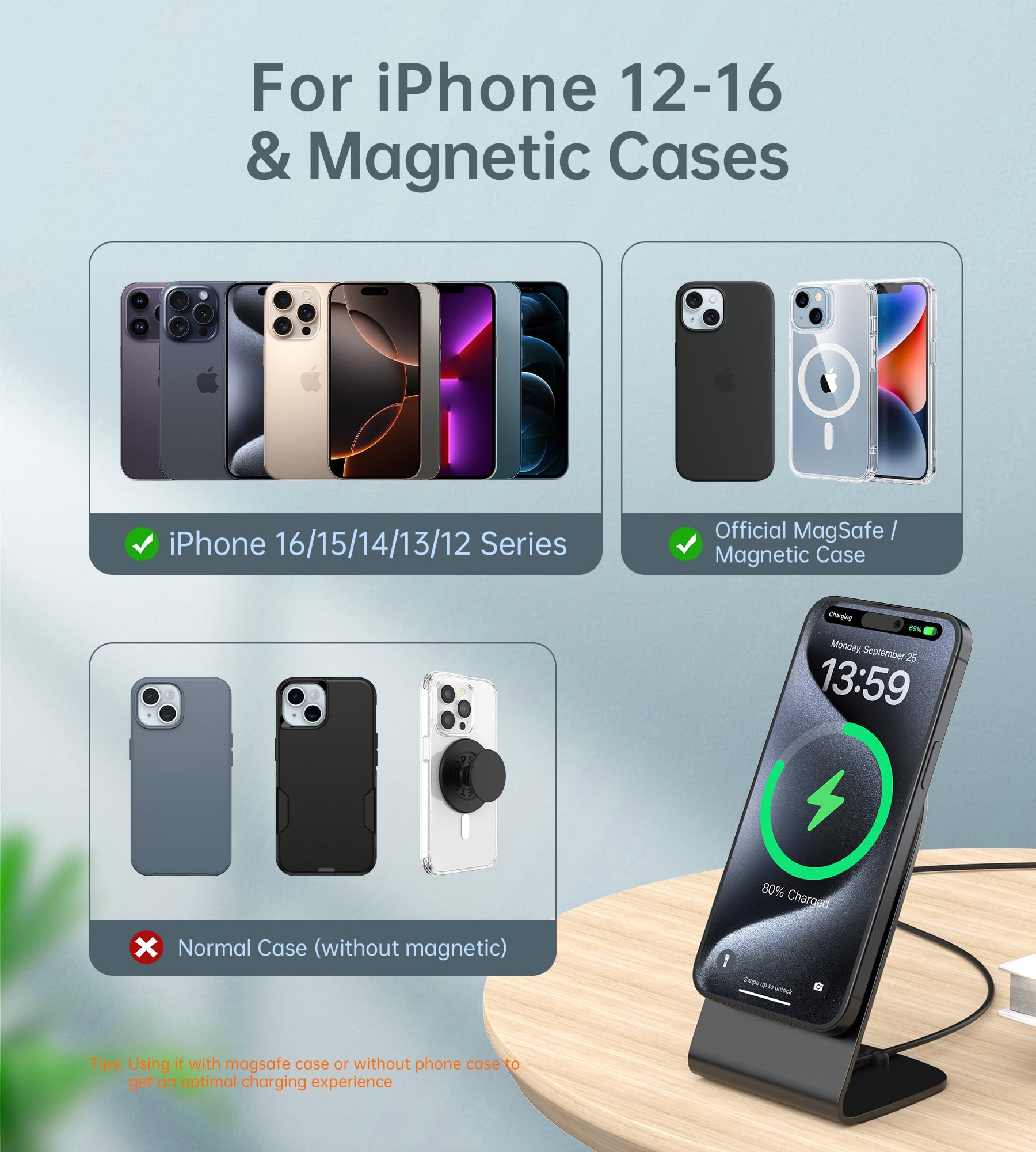 Magnetic Wireless Charger With Aluminum Charging Pad Stand Compatible With Iphone 16/15/14/13/12 Series,20W Pd Charger&5Ft Cable