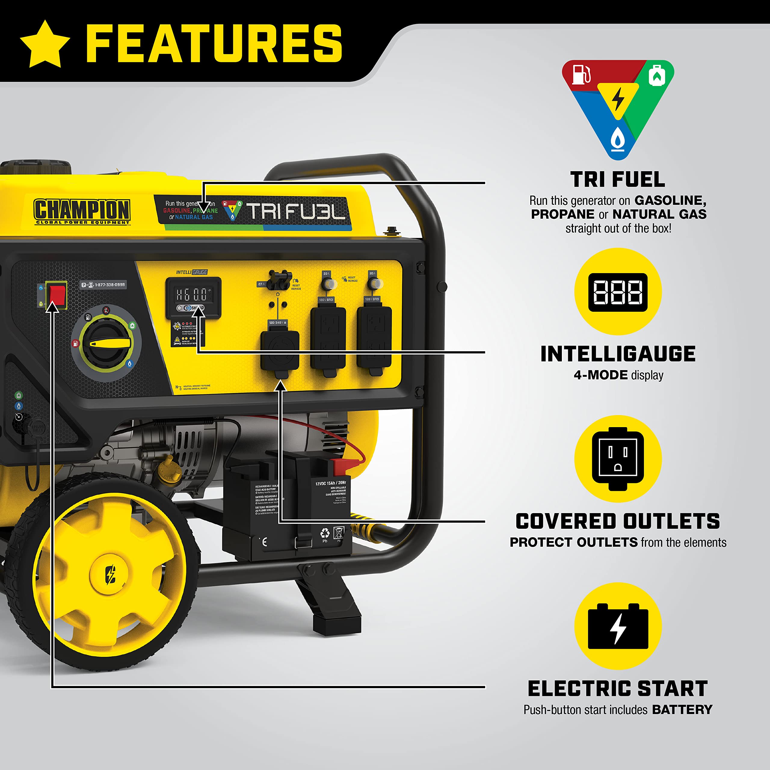 Champion Power Equipment 8125 Watt Electric Start Tri Fuel Portable Generator With Co Shield