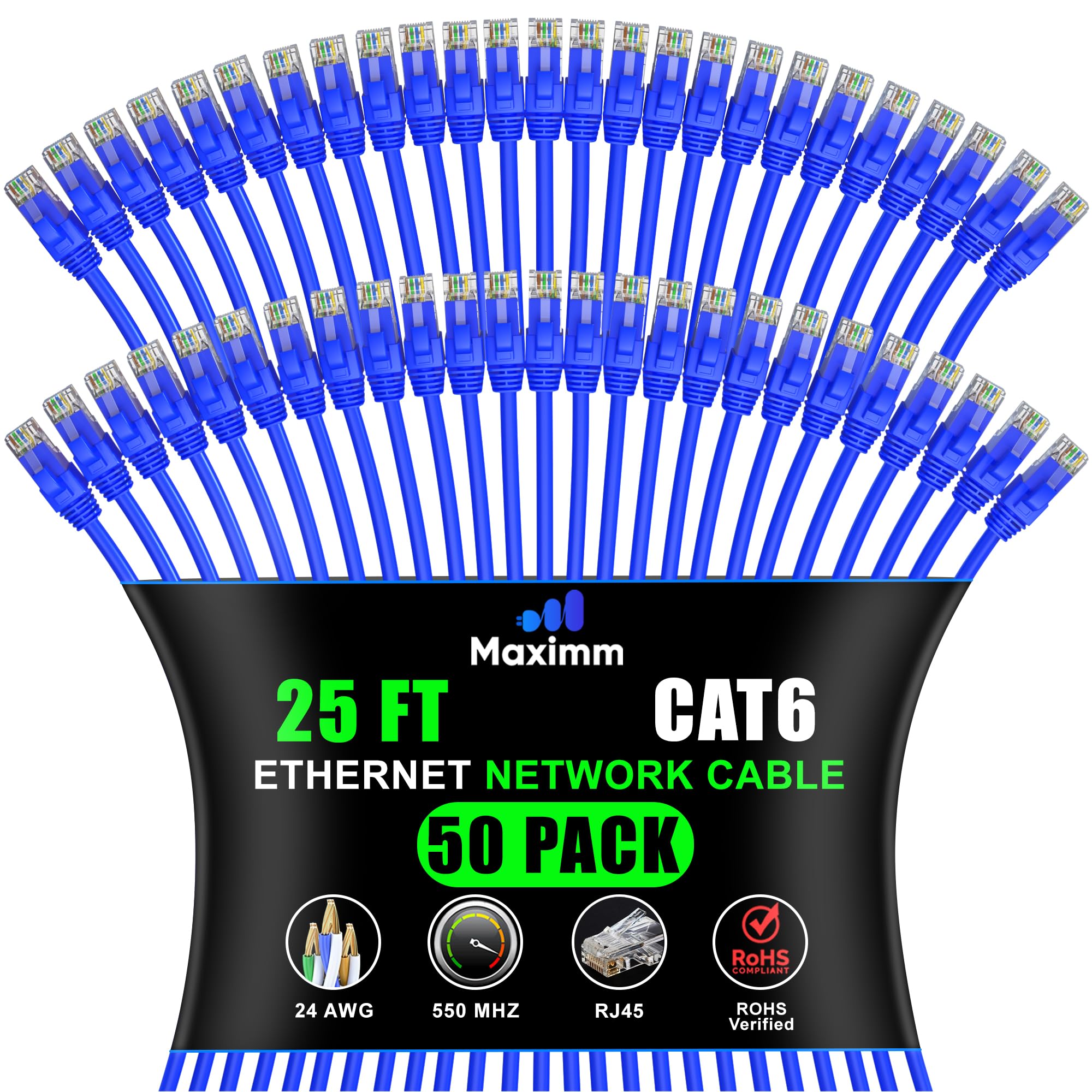 Maximm Cat 6 Ethernet Cable - 25 ft (50-Pack) - High-Speed LAN, Internet, Patch, Network Cable - UTP, 10Gbps, 550MHz Ethernet Co