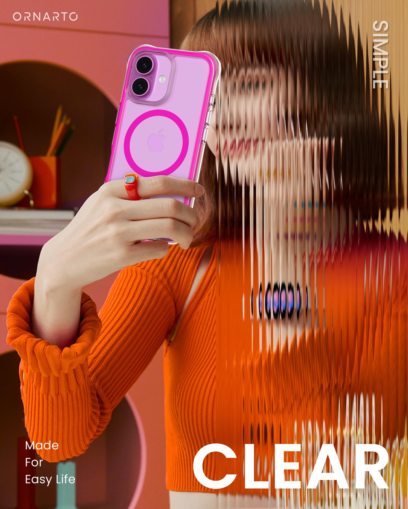 Ornarto Air Case For Iphone 16 Clear, Compatible With Magsafe, Military Grade Drop Protection Cover With Built In Air Hot Pink