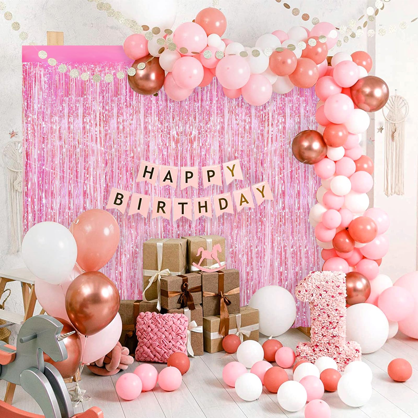 2Pack 3.3X8.3Ft Iridescent Pink Foil Fringe Backdrop Curtains, Pink Tinsel Streamers Birthday Party Decorations Fringe Backdrop