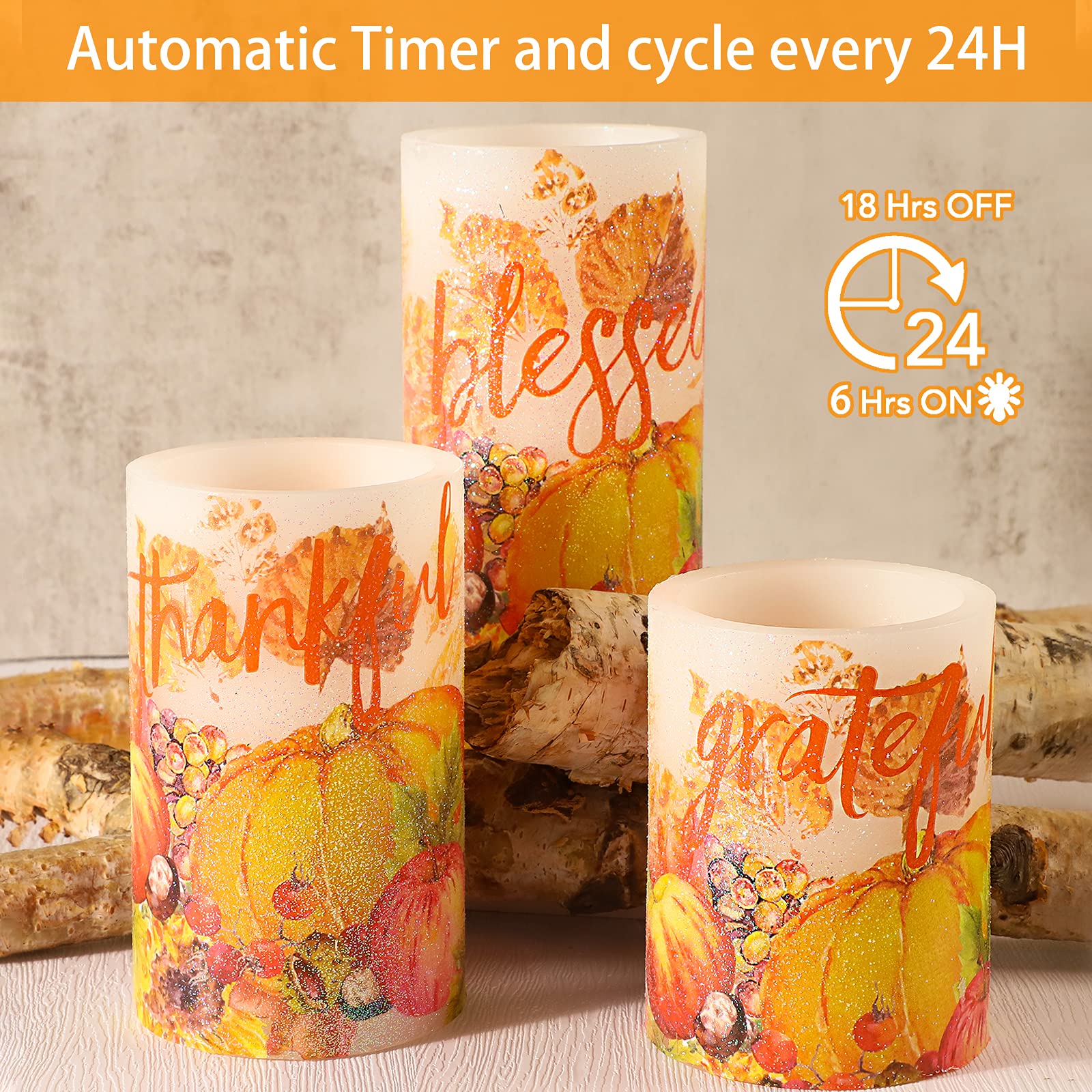 Petristrike Fall Decor Flameless Candles, Autumn Harvest Maple Leaf Pumpkin Led Candles, Battery Candle With Remote & Timer, Rea