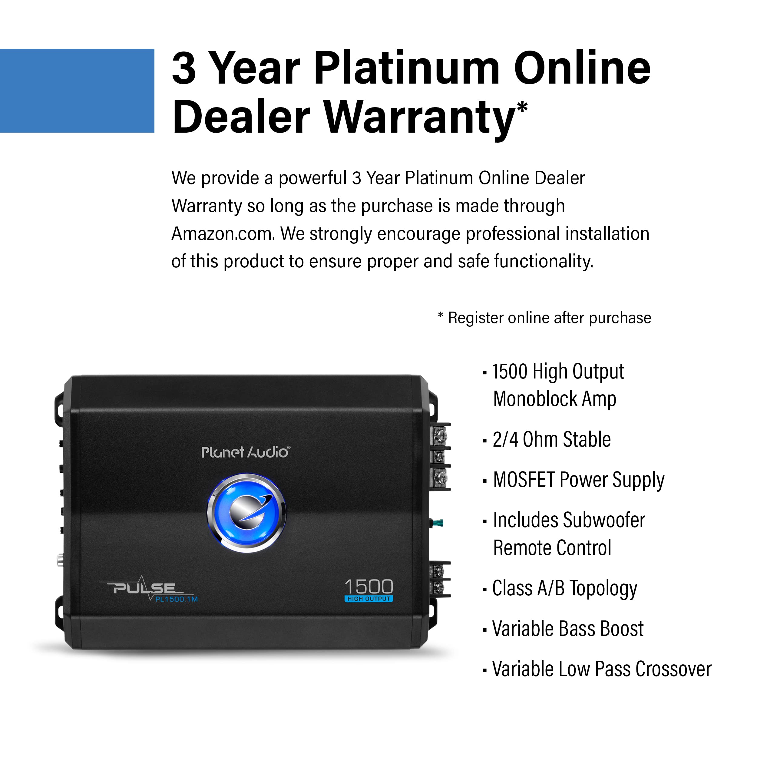 Planet Audio PL1500.1M Monoblock Car Amplifier - 1500 Watts, 2/4 Ohm Stable, Class A/B, Mosfet Power Supply