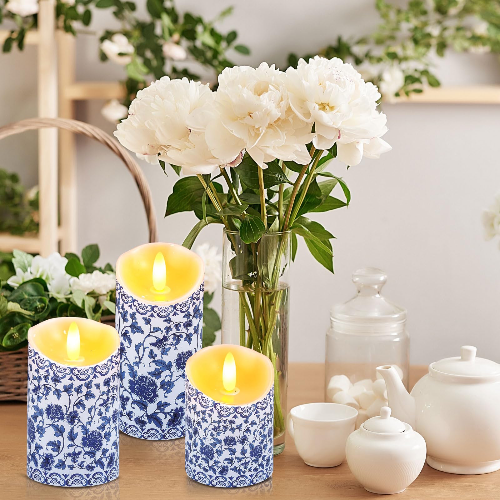 Tujoe 3 Pcs Chinoiserie Flameless Candles Blue And White Battery Operated Candles Blue White Floral Printed Faux Candles With Re