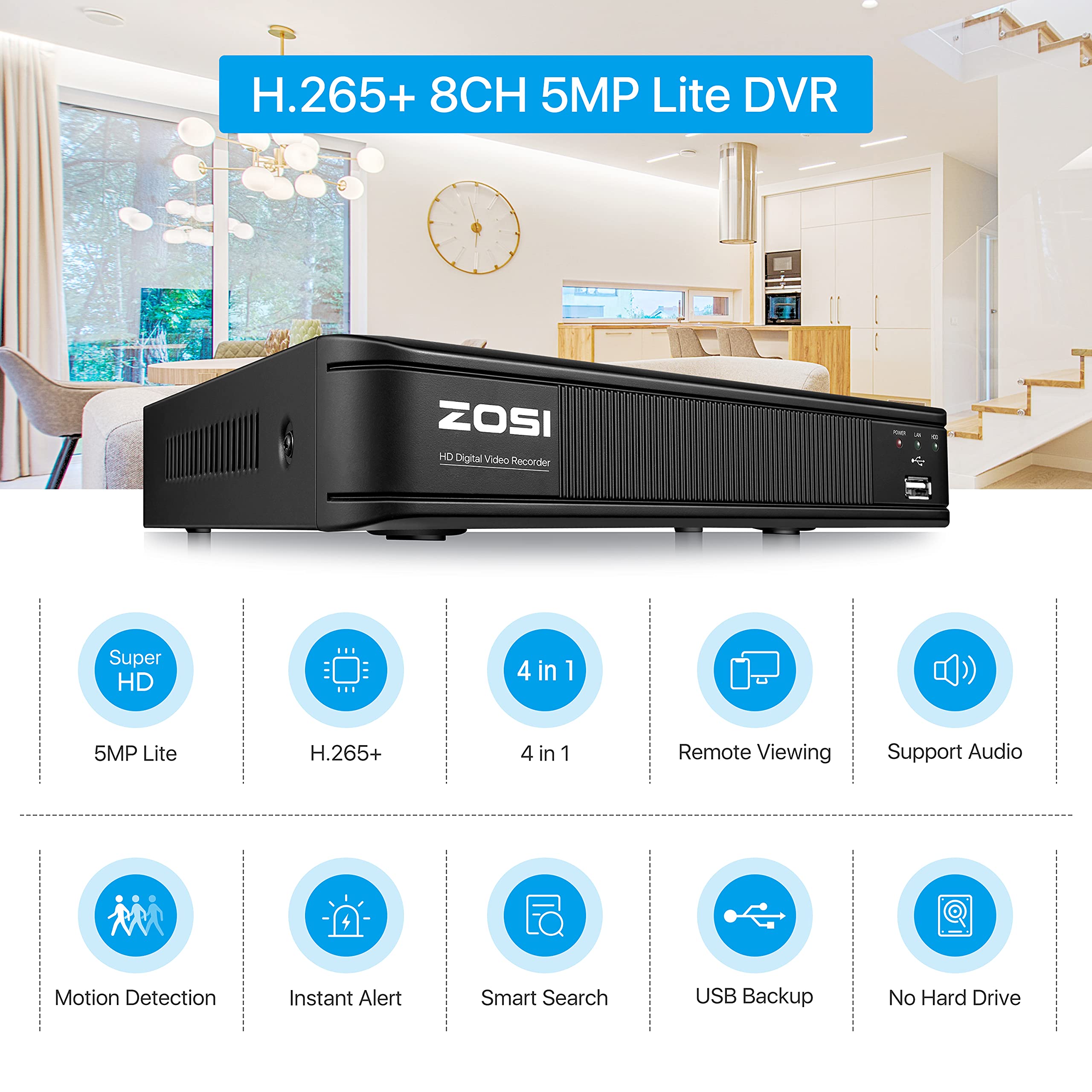 Zosi H.265+ 8 Channel 5Mp Lite 1080P Cctv Dvr Recorder Without Hdd, Hybrid Capability 4 In 1(Analog/Ahd/Tvi/Cvi) Surveillance Dv