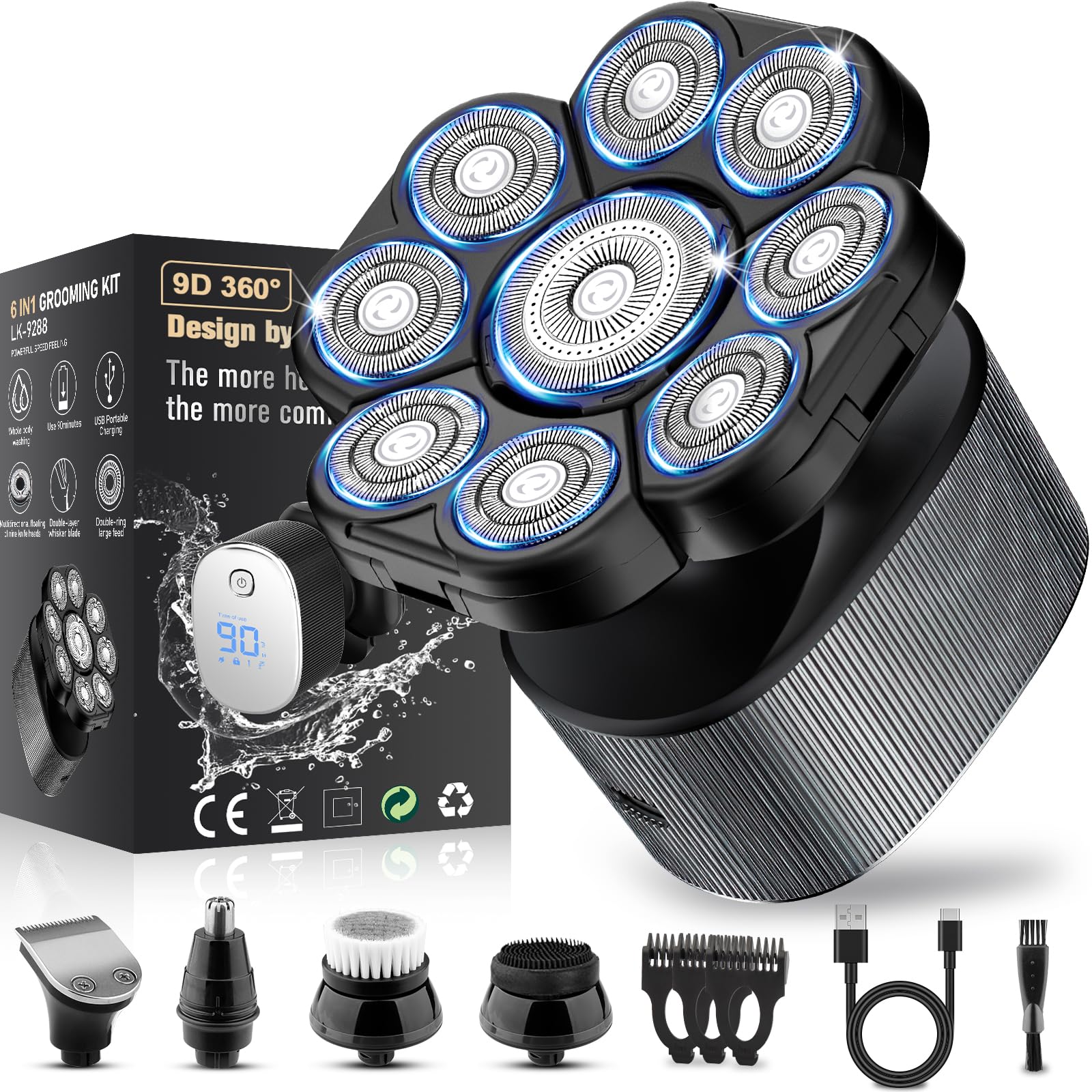 9D Head Shavers For Bald Men, Detachable Bald Head Shavers For Men, 5 In 1 Mens Grooming Kit,Wet/Dry Led Display,Travel Lockcord