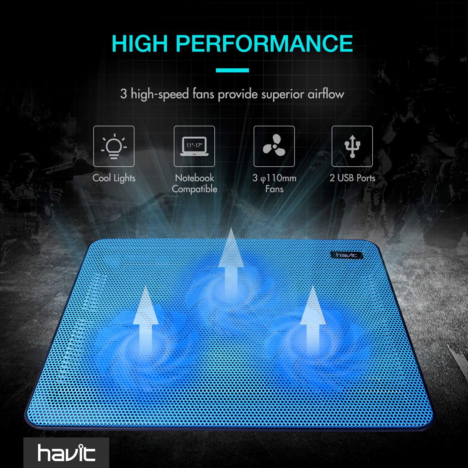 Havit Hv F2056 15.6 17 Inch Laptop Cooler Cooling Pad   Slim Portable Usb Powered (3 Fans) (Blue)