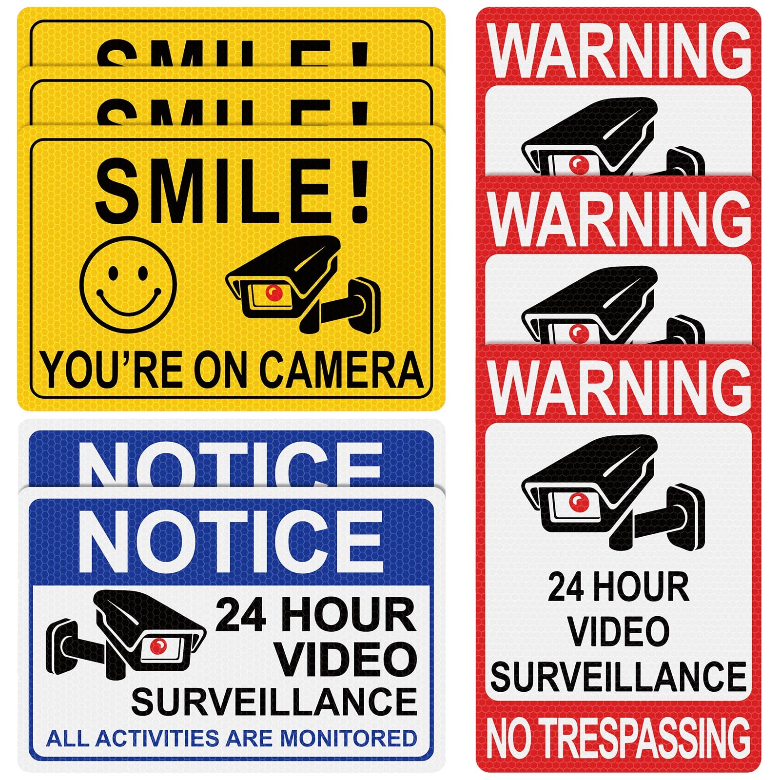 8 Pcs 24 Hour Video Surveillance Sticker Reflective Sticker Decal Self Adhesive Video Surveillance Sign Outdoor Smile Camera Sig