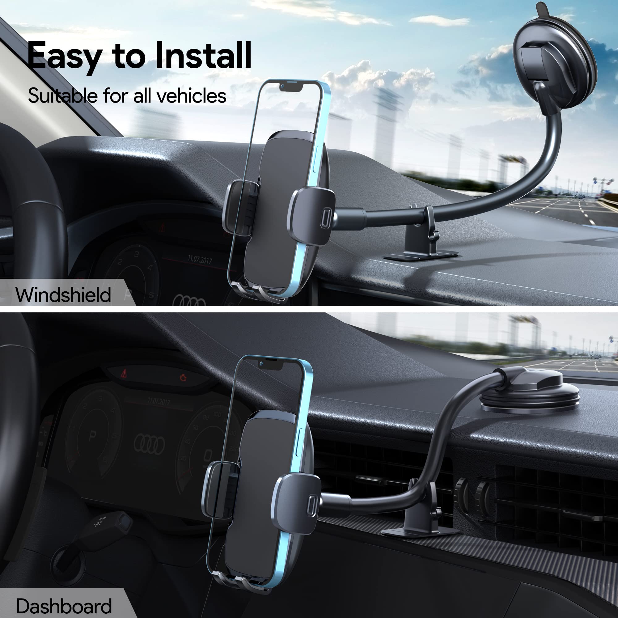 Fesiyoye Phone Mount For Car [6.2In Flexible Arm] Cell Phone Holder For Windshield Dashboard [Washable Strong Suction] Automotiv